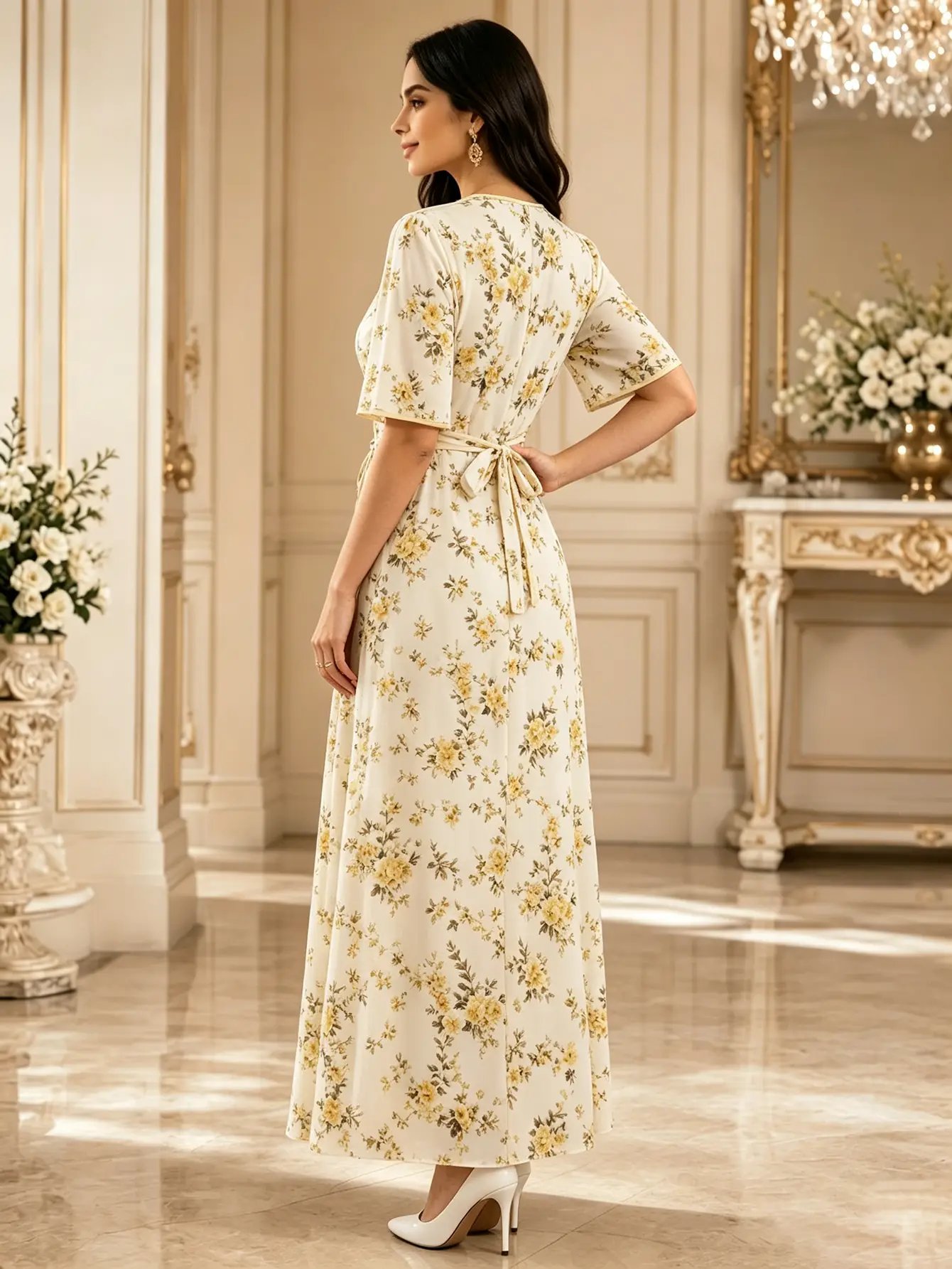 Beige All Over Floral Print Tie-Up Detail Maxi Dress
