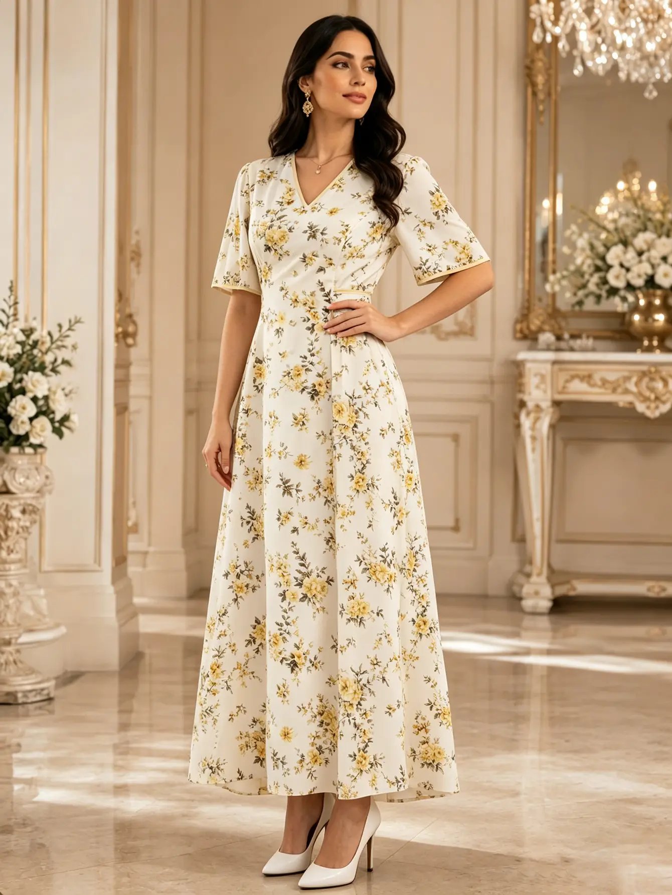 Beige All Over Floral Print Tie-Up Detail Maxi Dress