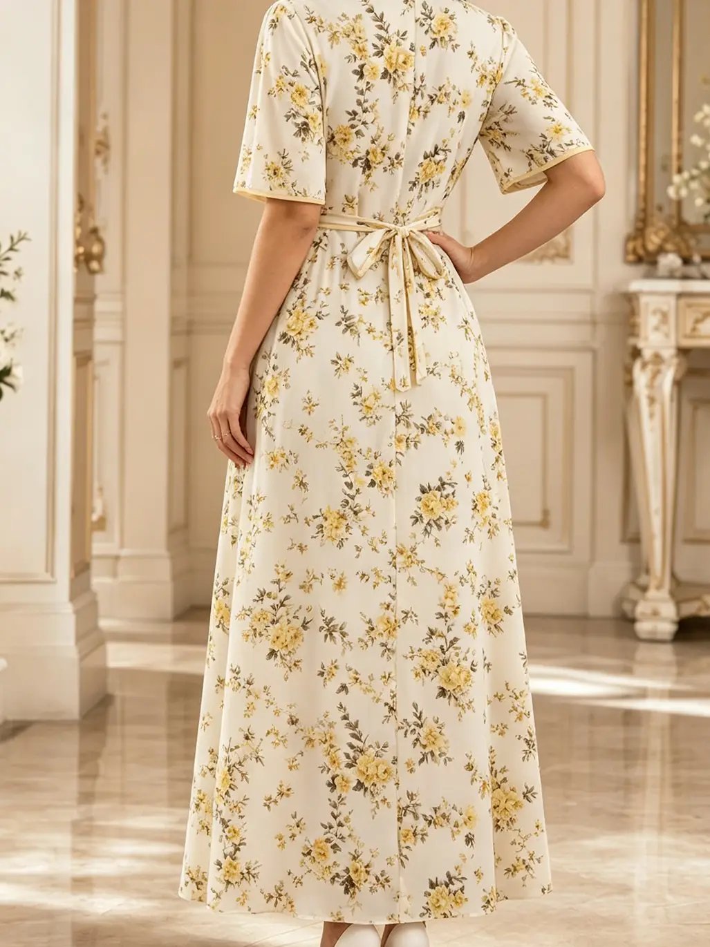Beige All Over Floral Print Tie-Up Detail Maxi Dress