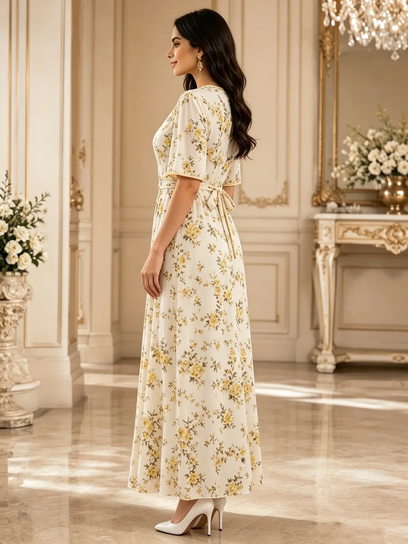 Beige All Over Floral Print Tie-Up Detail Maxi Dress