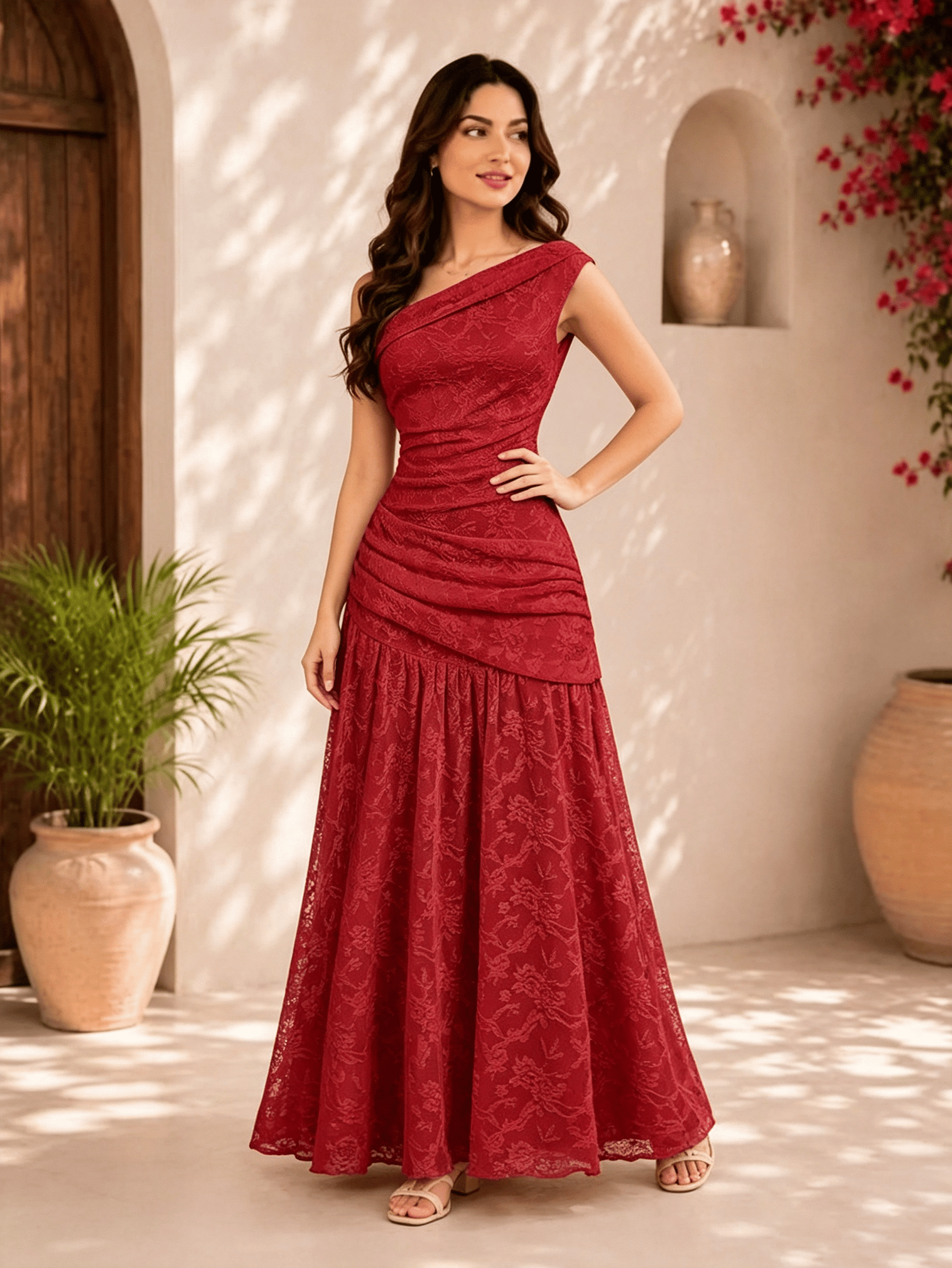 Red Floral Lace One-Shoulder Maxi Dress