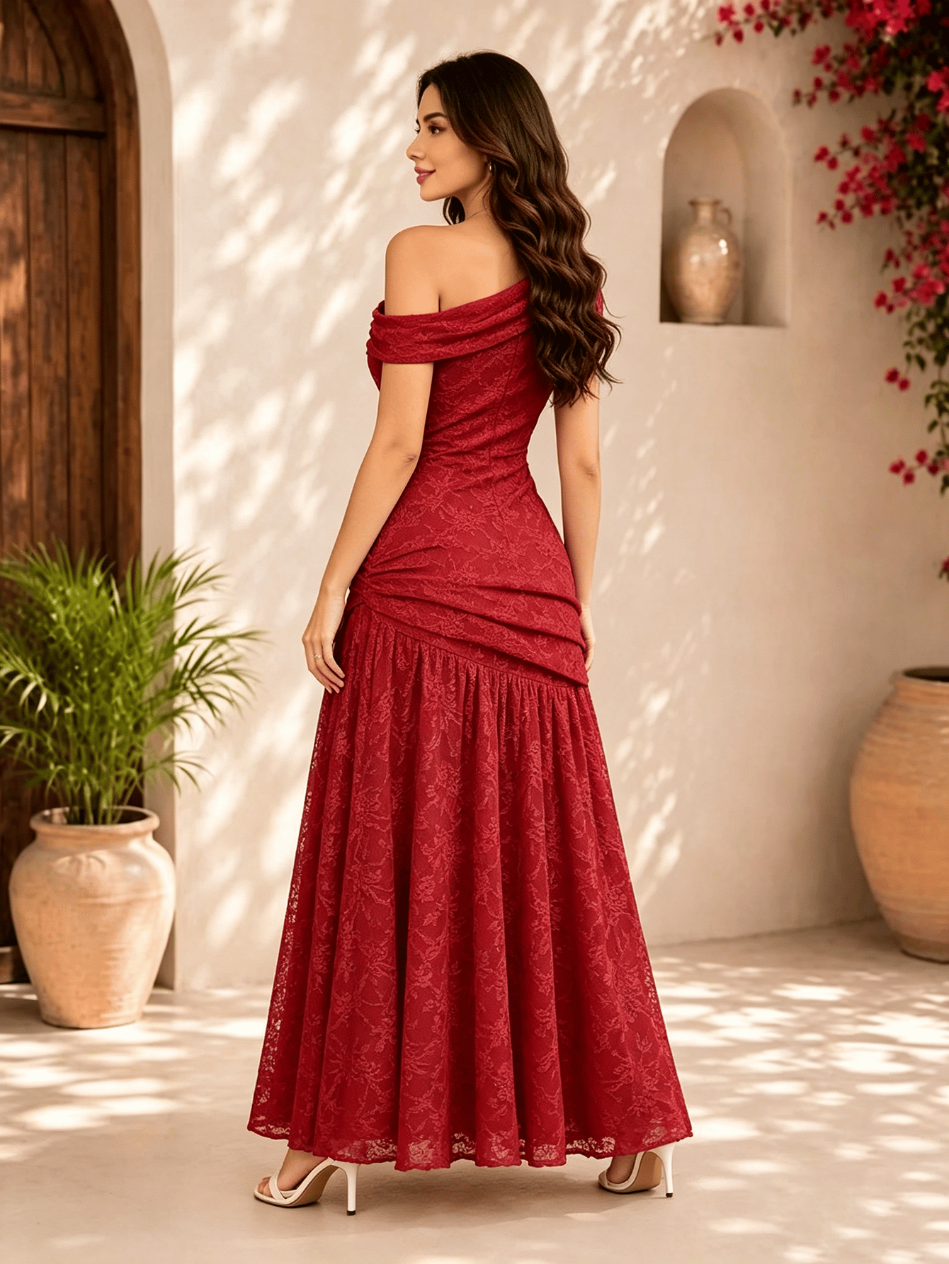 Red Floral Lace One-Shoulder Maxi Dress