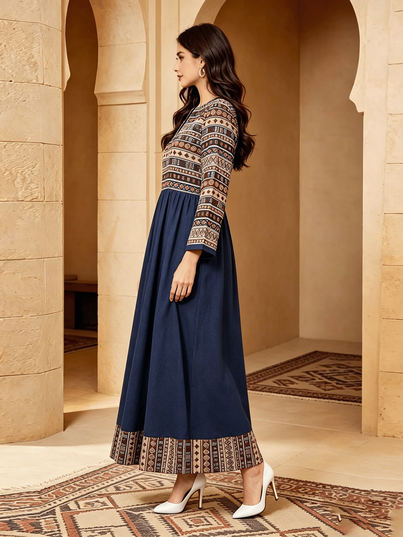 Tribal Print Maxi Dress with Long Sleeves