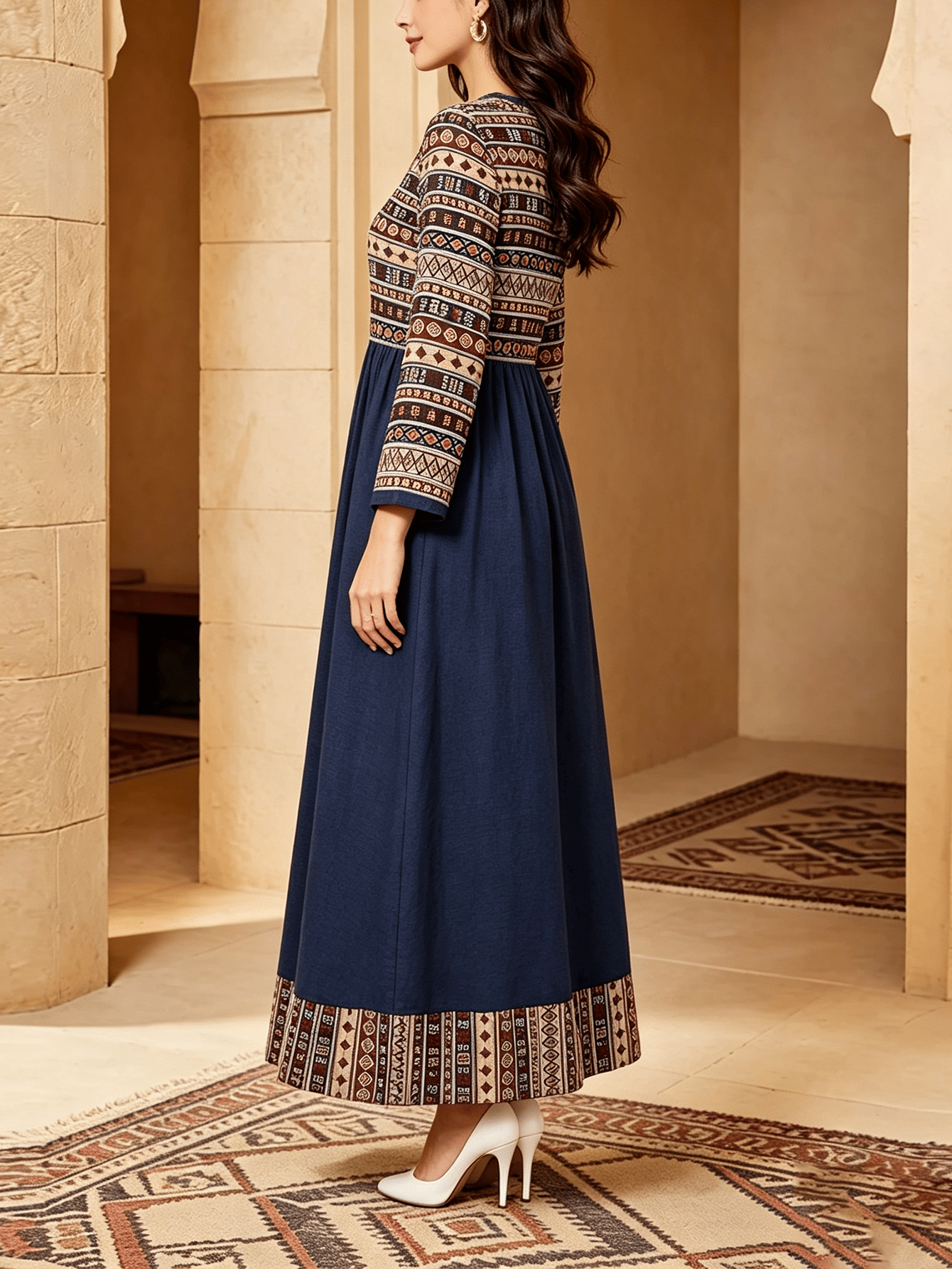 Tribal Print Maxi Dress with Long Sleeves