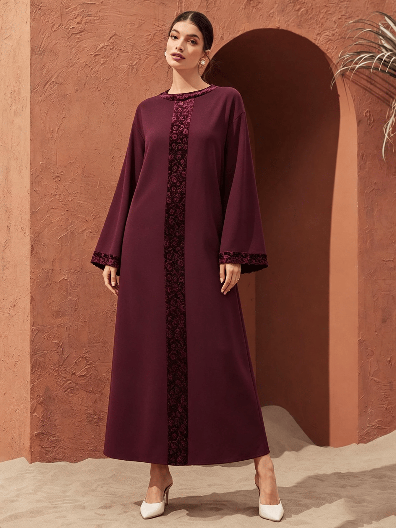 Burgundy Maxi Jalabiya Dress with Embroidered Panel