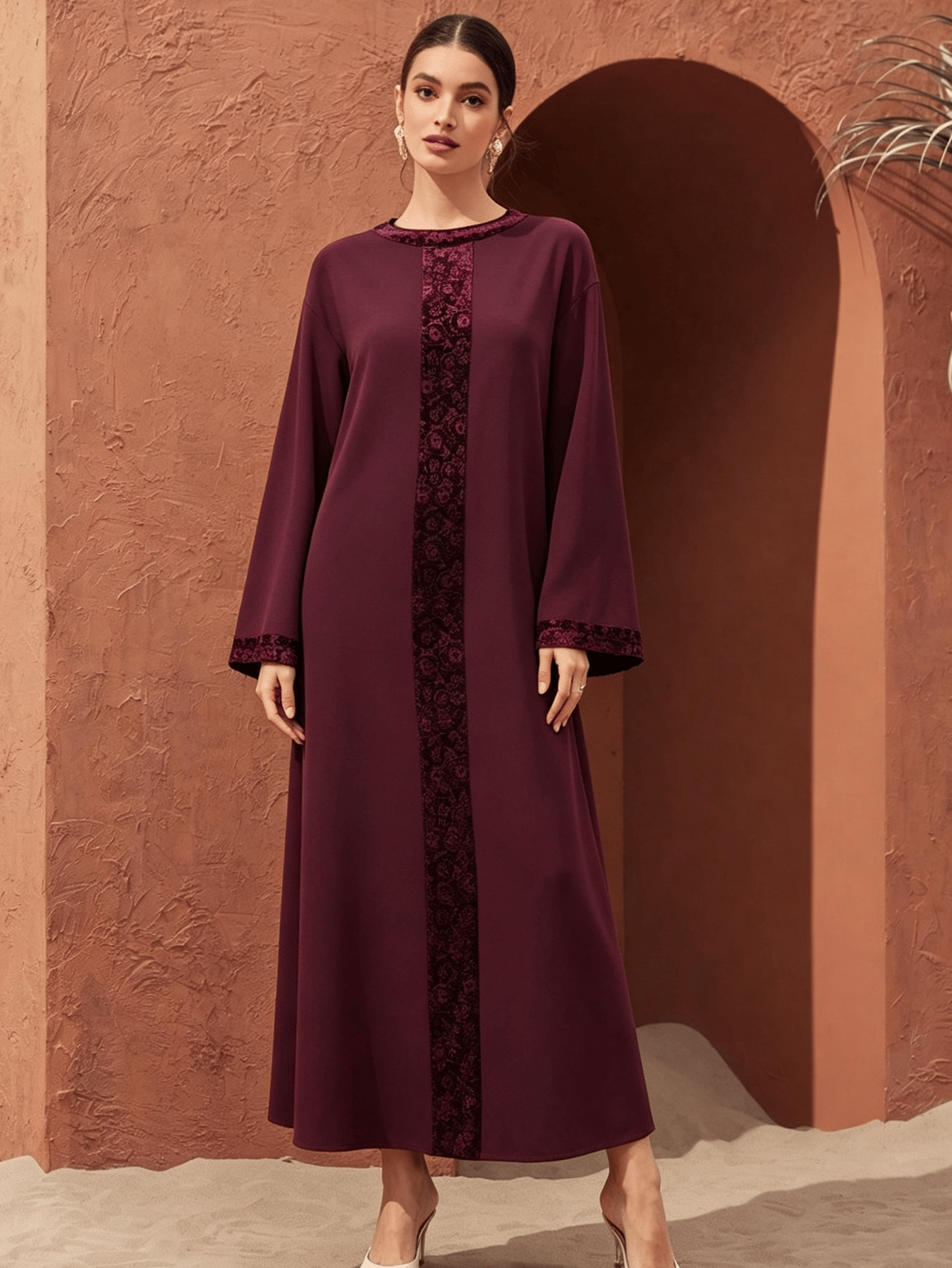 Burgundy Maxi Jalabiya Dress with Embroidered Panel