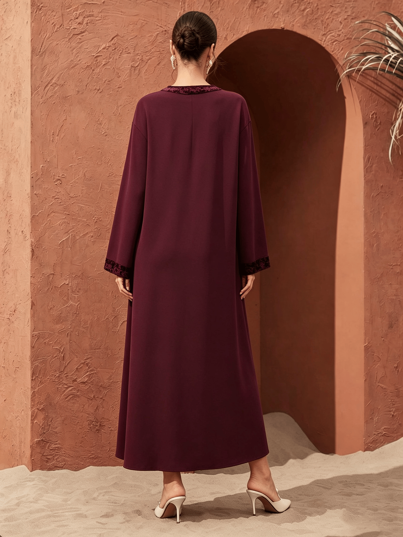 Burgundy Maxi Jalabiya Dress with Embroidered Panel