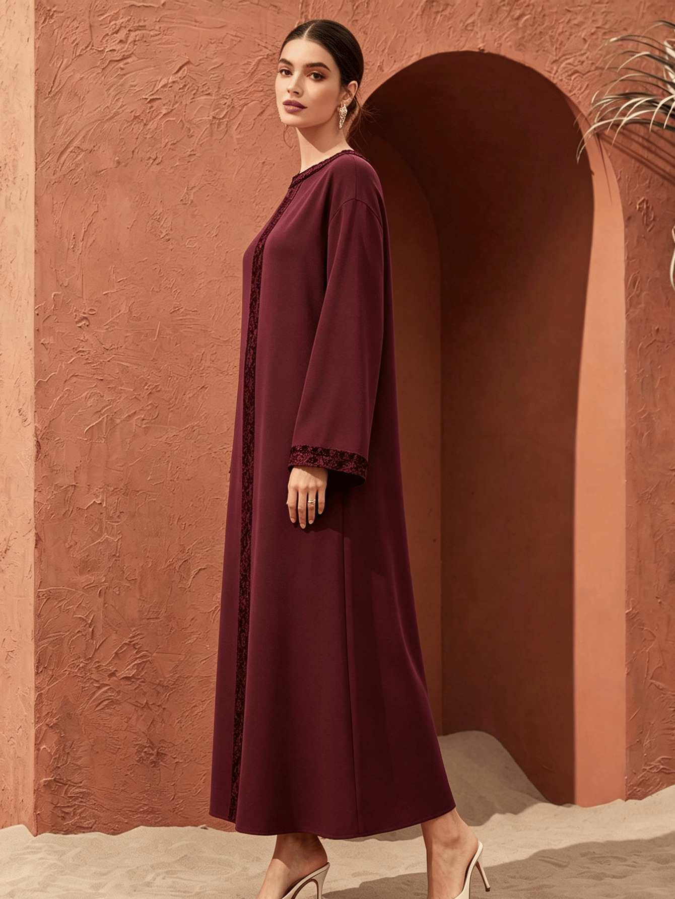 Burgundy Maxi Jalabiya Dress with Embroidered Panel