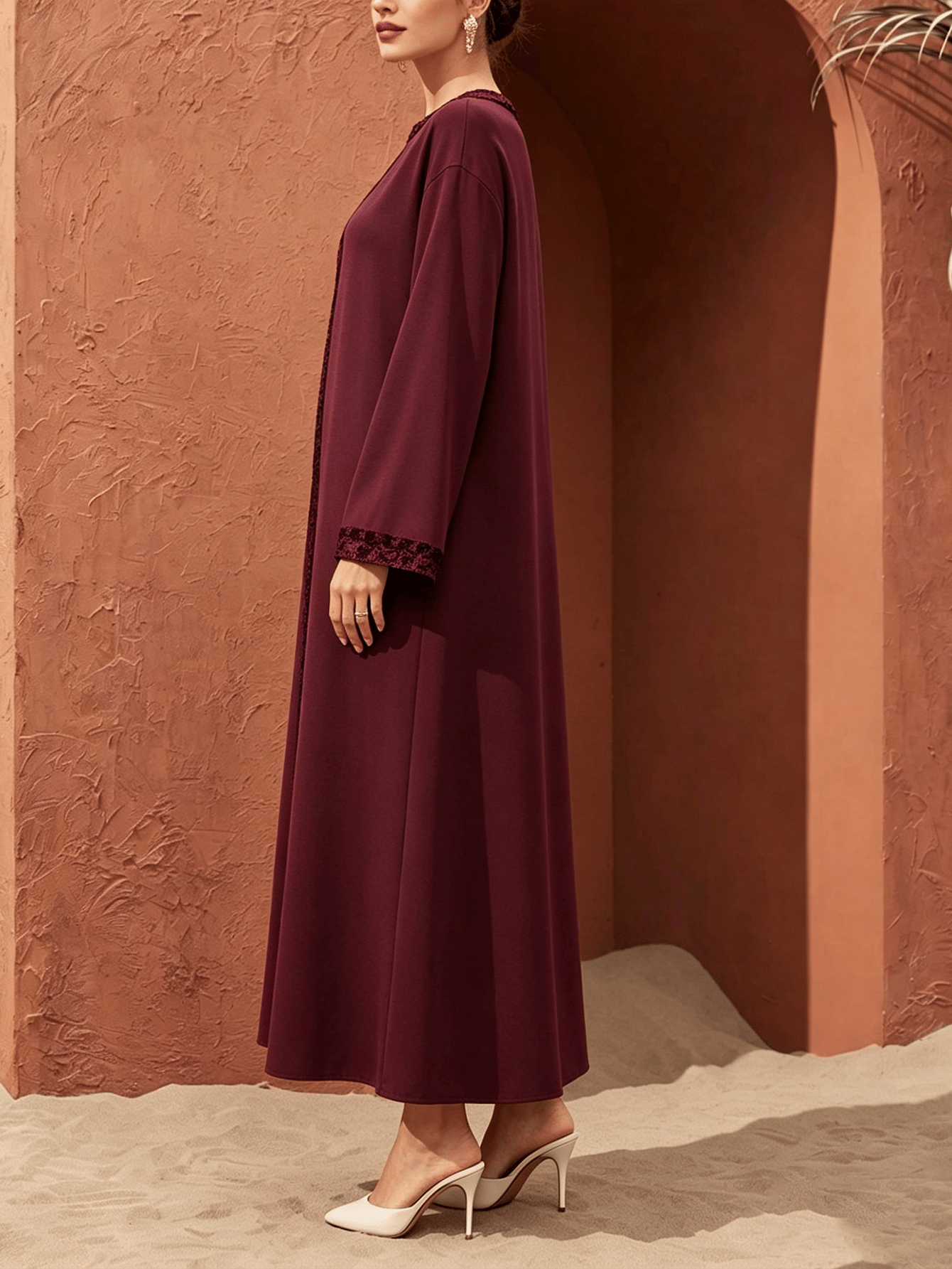 Burgundy Maxi Jalabiya Dress with Embroidered Panel