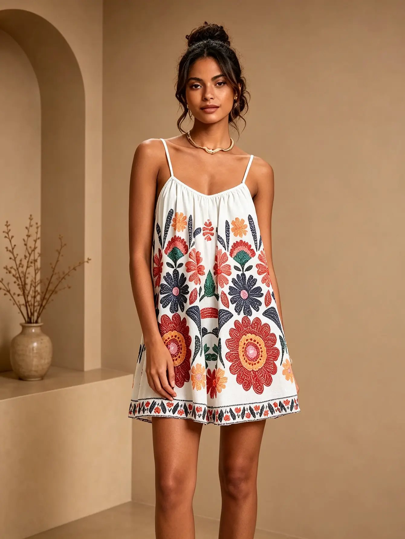 فستان قصير بحمالات رفيعة ونمط بوهو وطبعة زهور