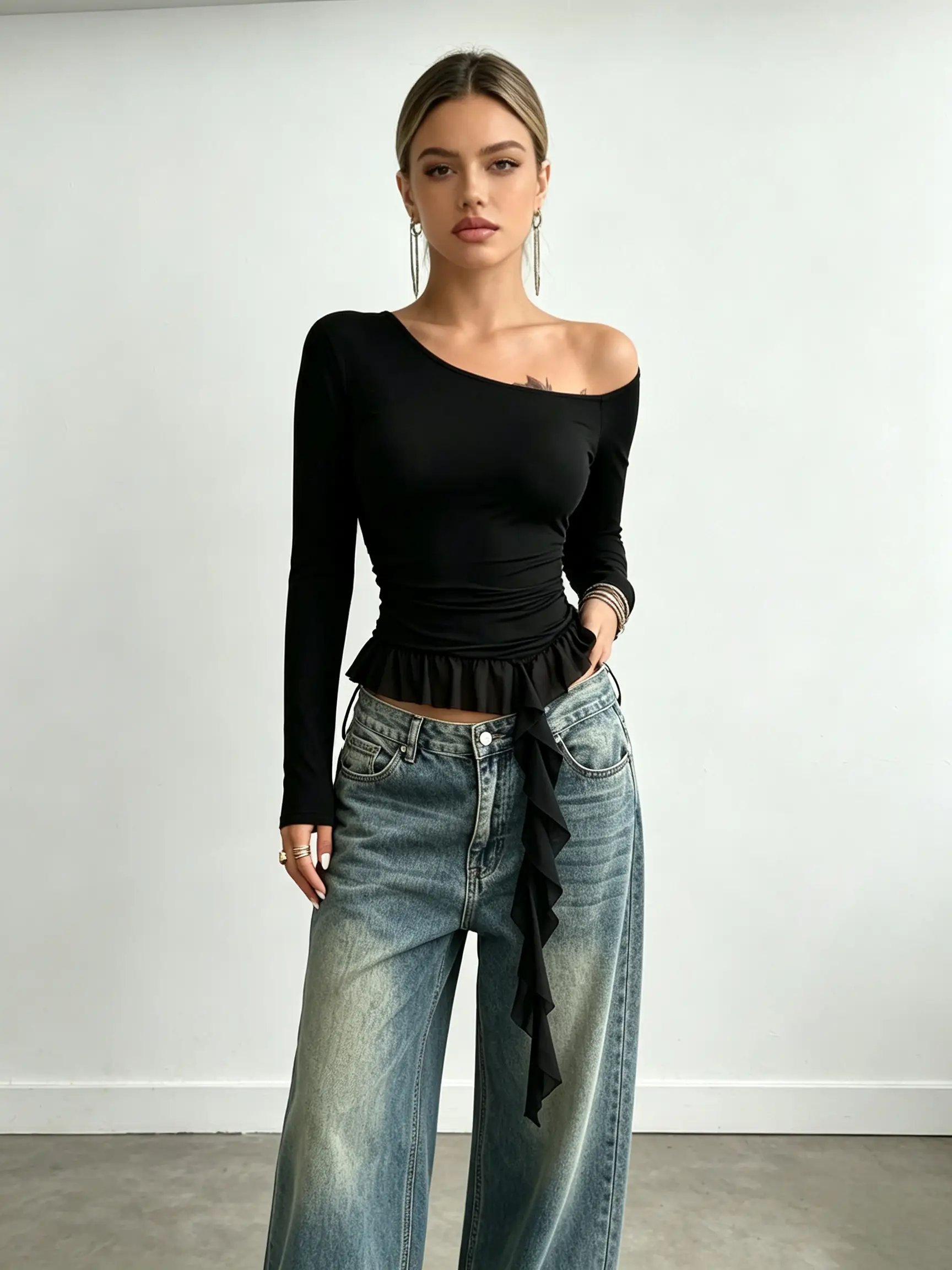 Black Long Sleeve Off-Shoulder Ruffle Top