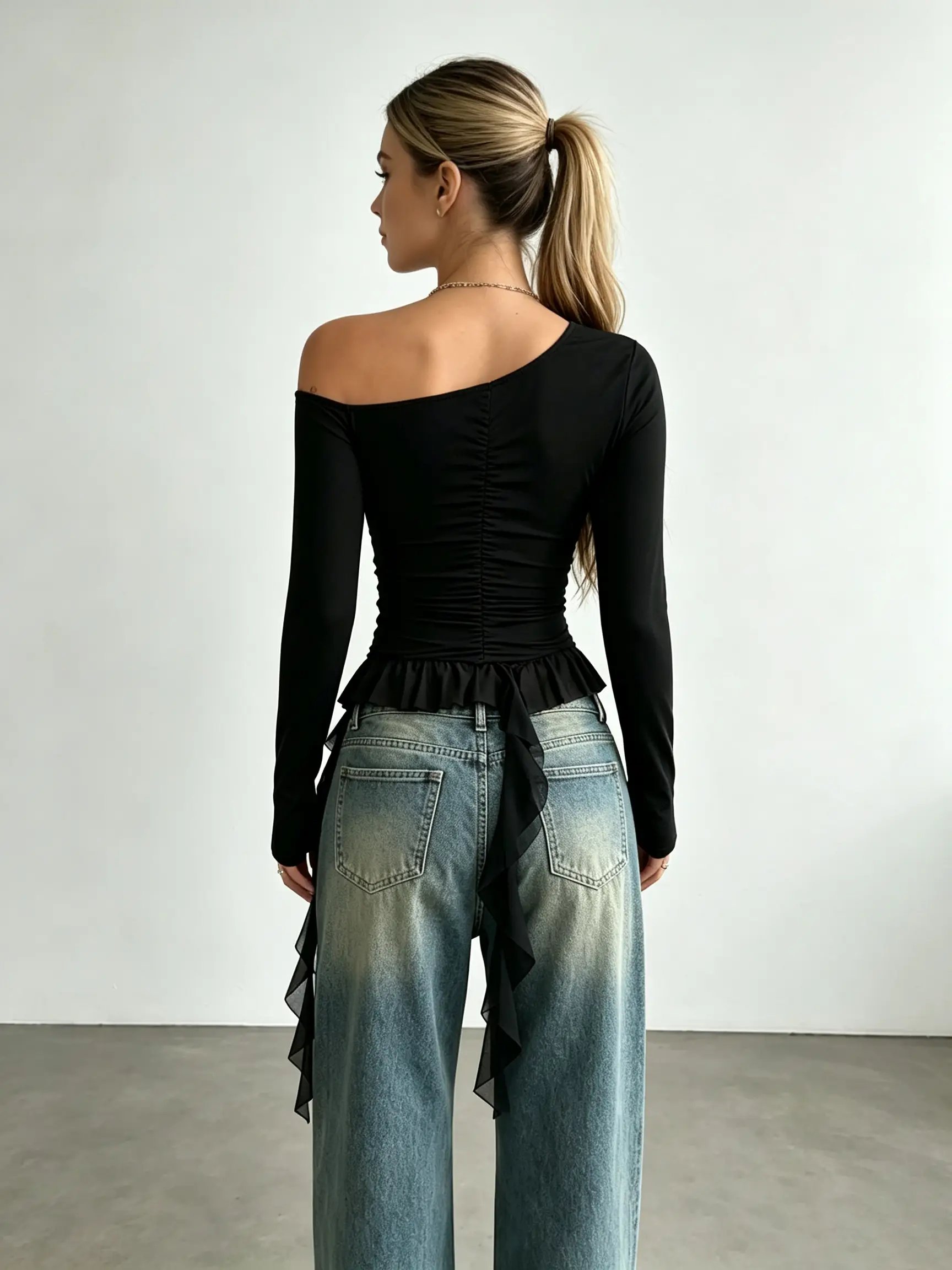 Black Long Sleeve Off-Shoulder Ruffle Top