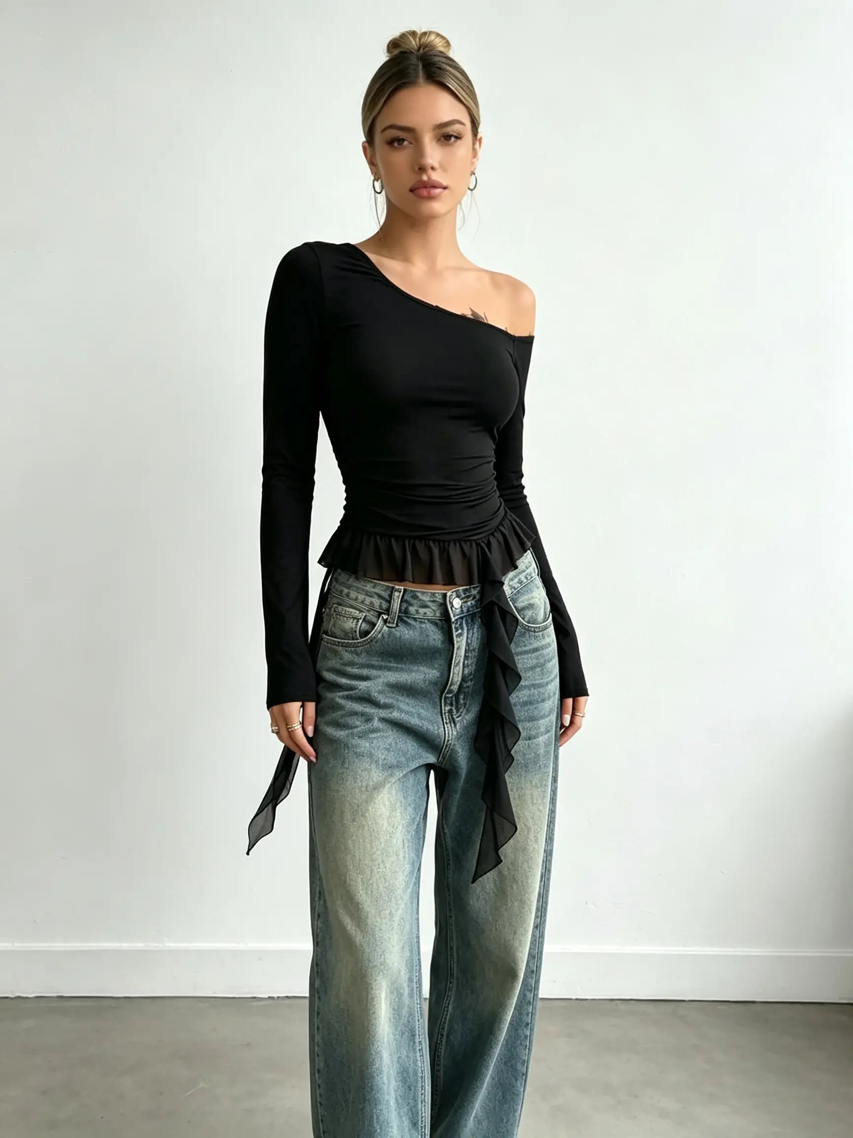 Black Long Sleeve Off-Shoulder Ruffle Top