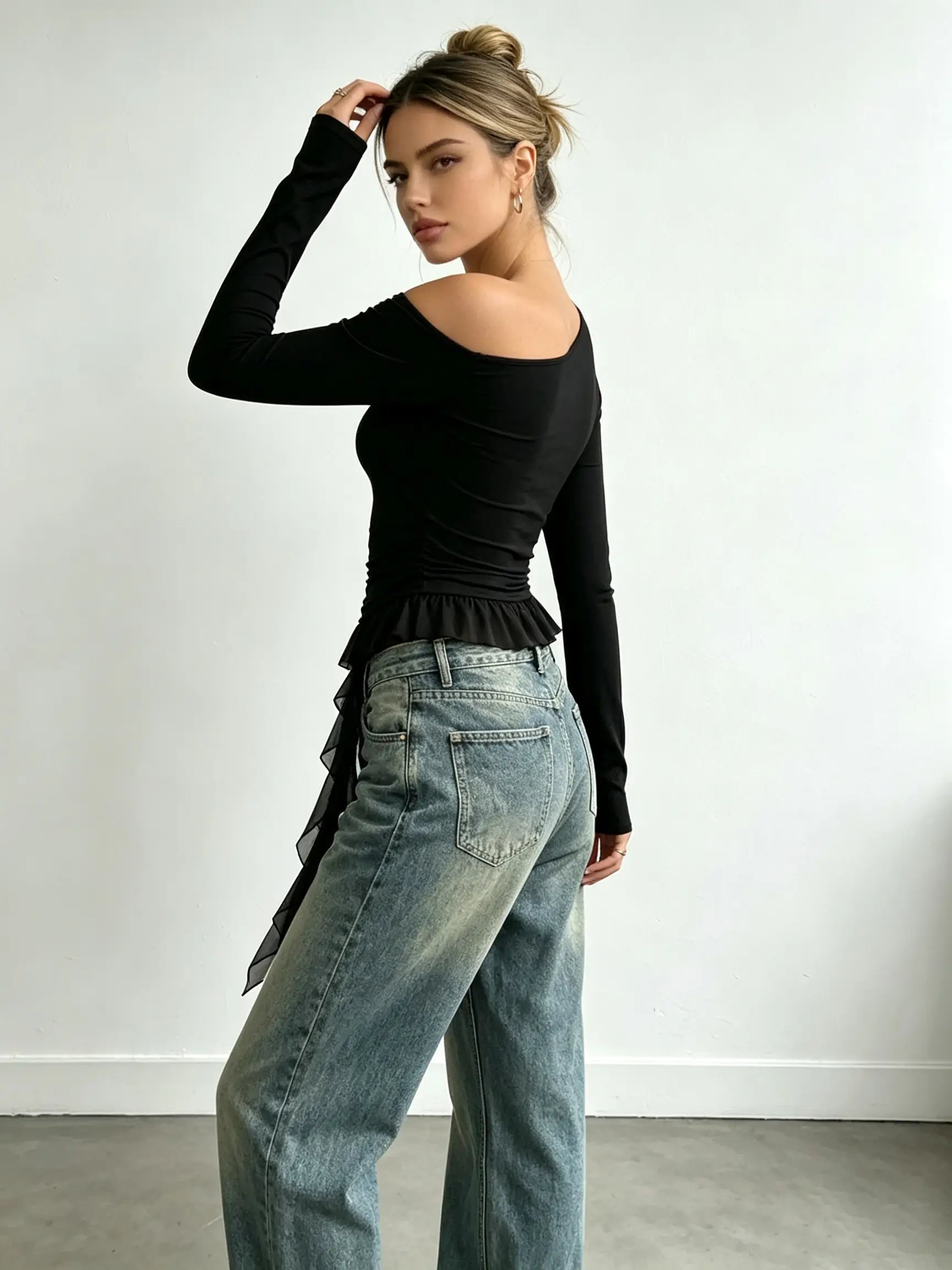 Black Long Sleeve Off-Shoulder Ruffle Top