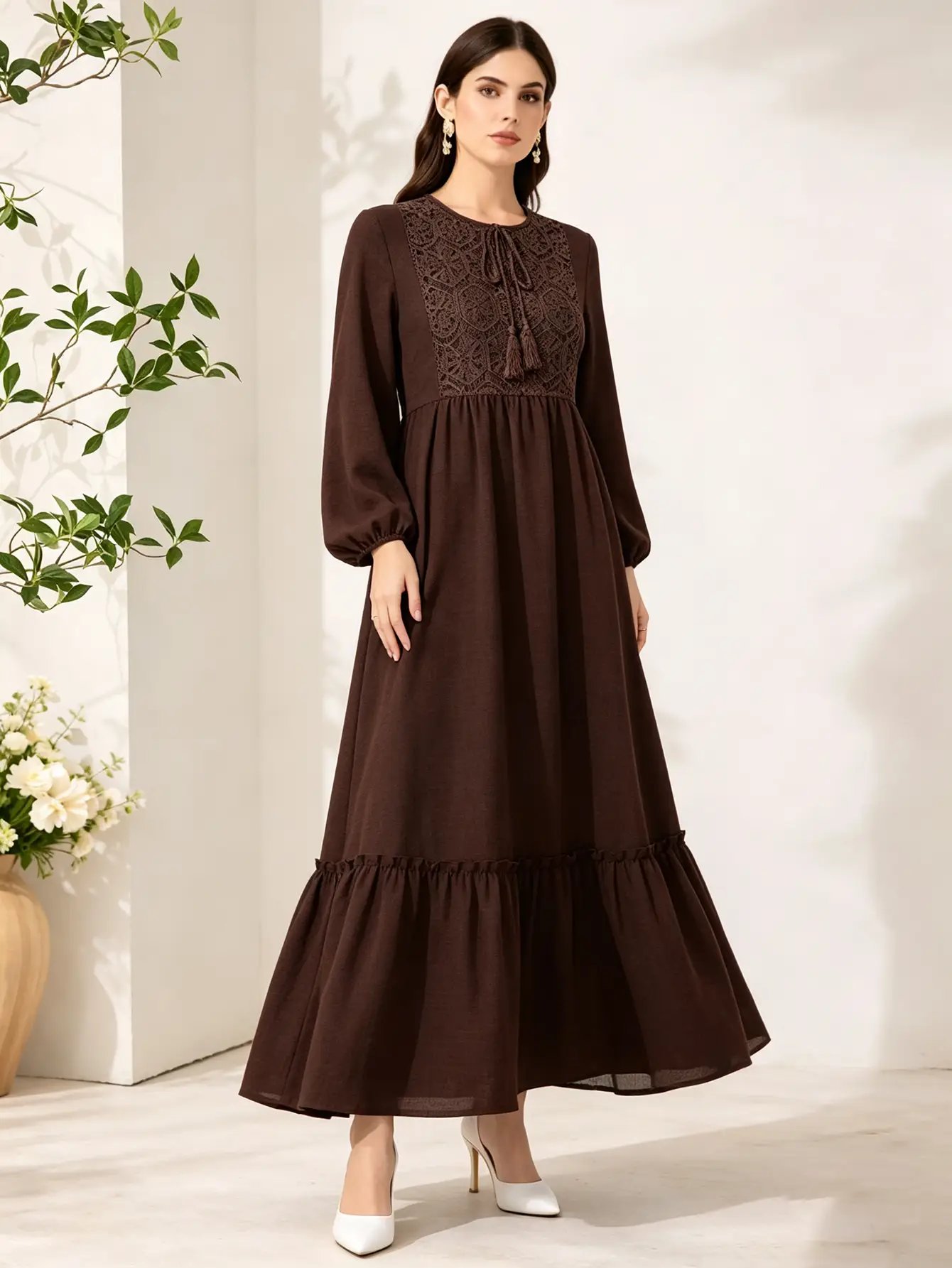 Brown A-Line Maxi Jalabiya with Lace Yoke and Ruffle Hem