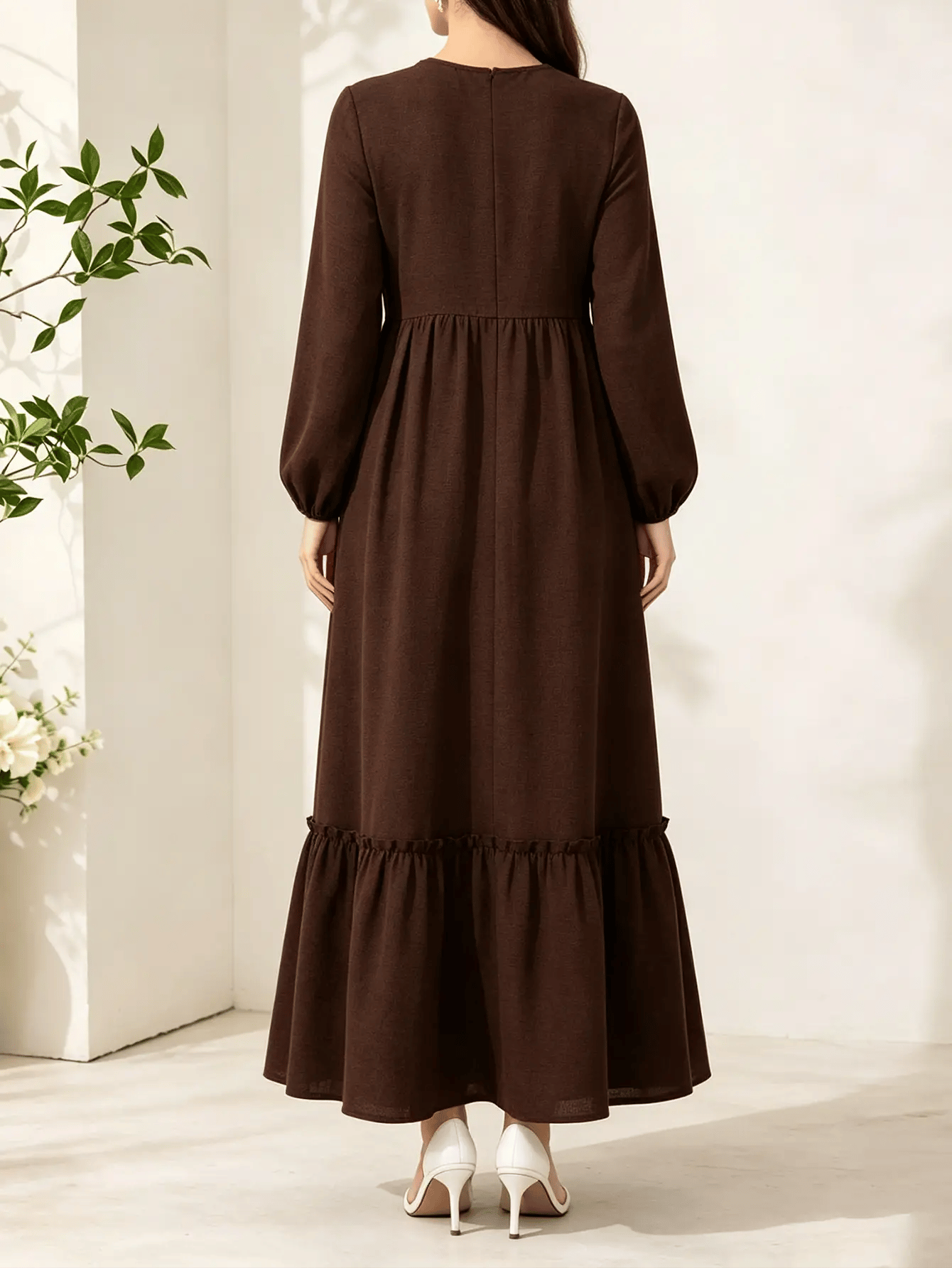 Brown A-Line Maxi Jalabiya with Lace Yoke and Ruffle Hem