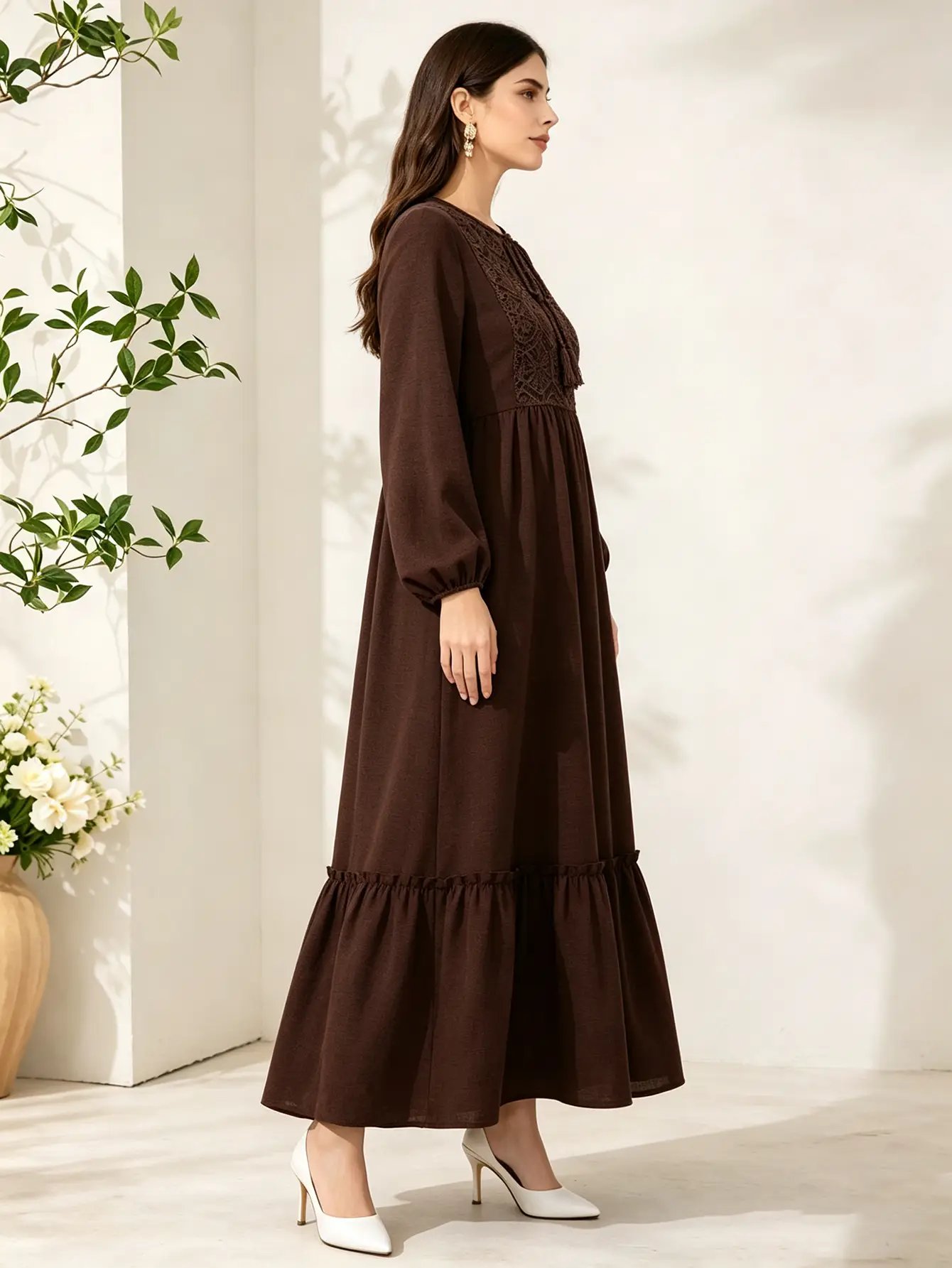 Brown A-Line Maxi Jalabiya with Lace Yoke and Ruffle Hem