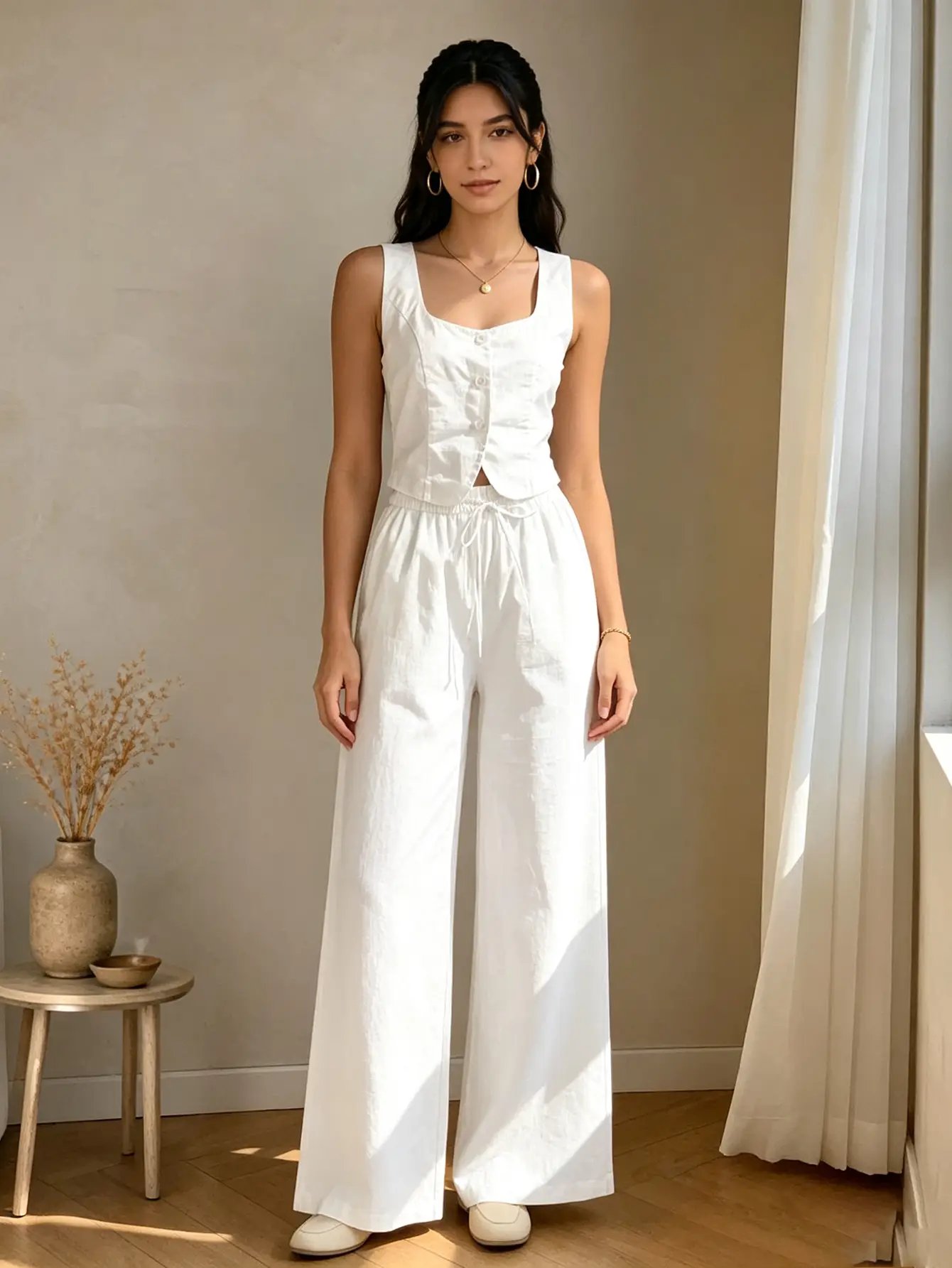 White Crop Top and Wide Leg Pants Set