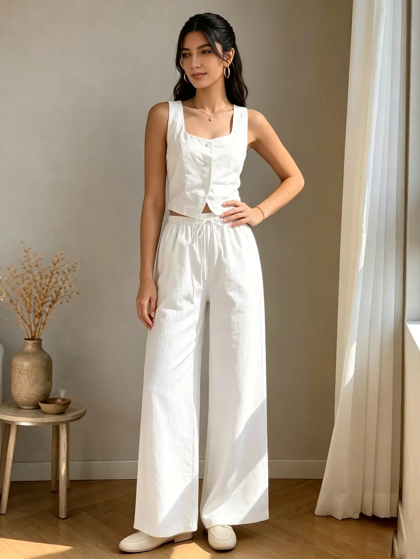 White Crop Top and Wide Leg Pants Set