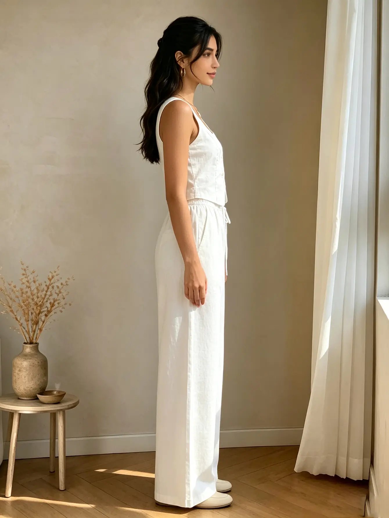 White Crop Top and Wide Leg Pants Set