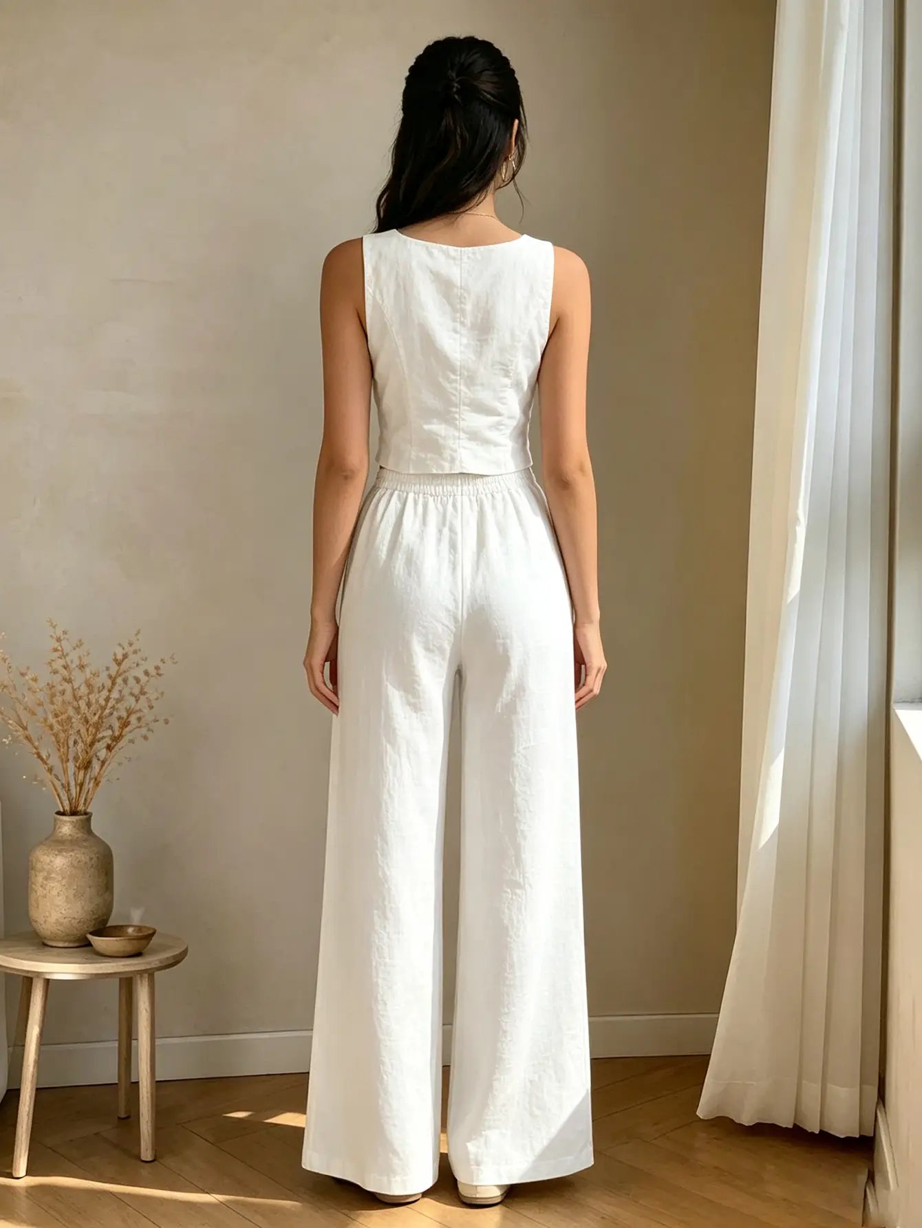 White Crop Top and Wide Leg Pants Set