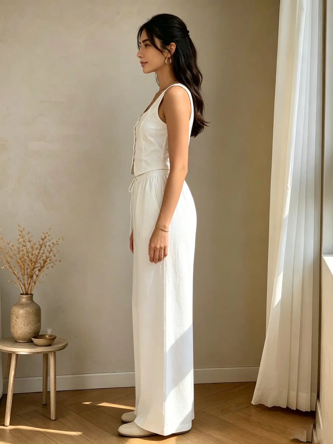 White Crop Top and Wide Leg Pants Set