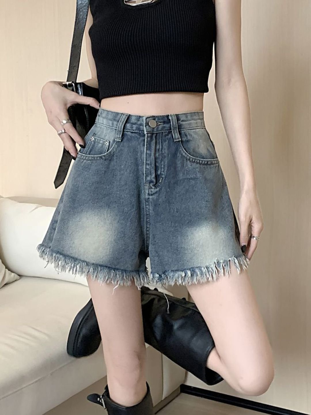 Blue Plain Denim High-Rise Shorts