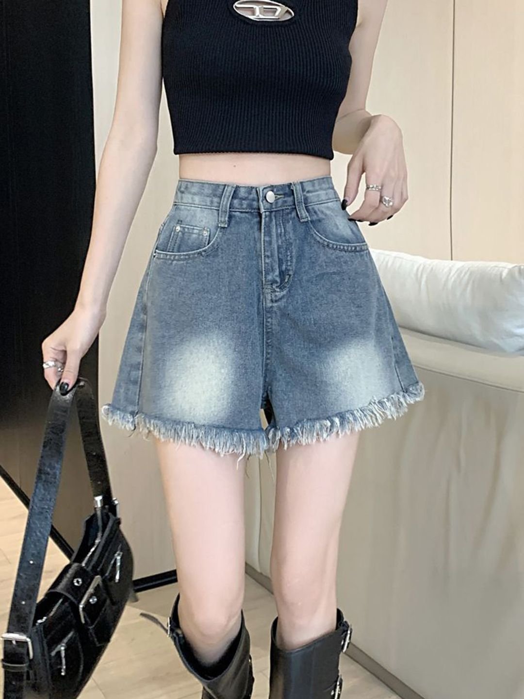 Blue Plain Denim High-Rise Shorts