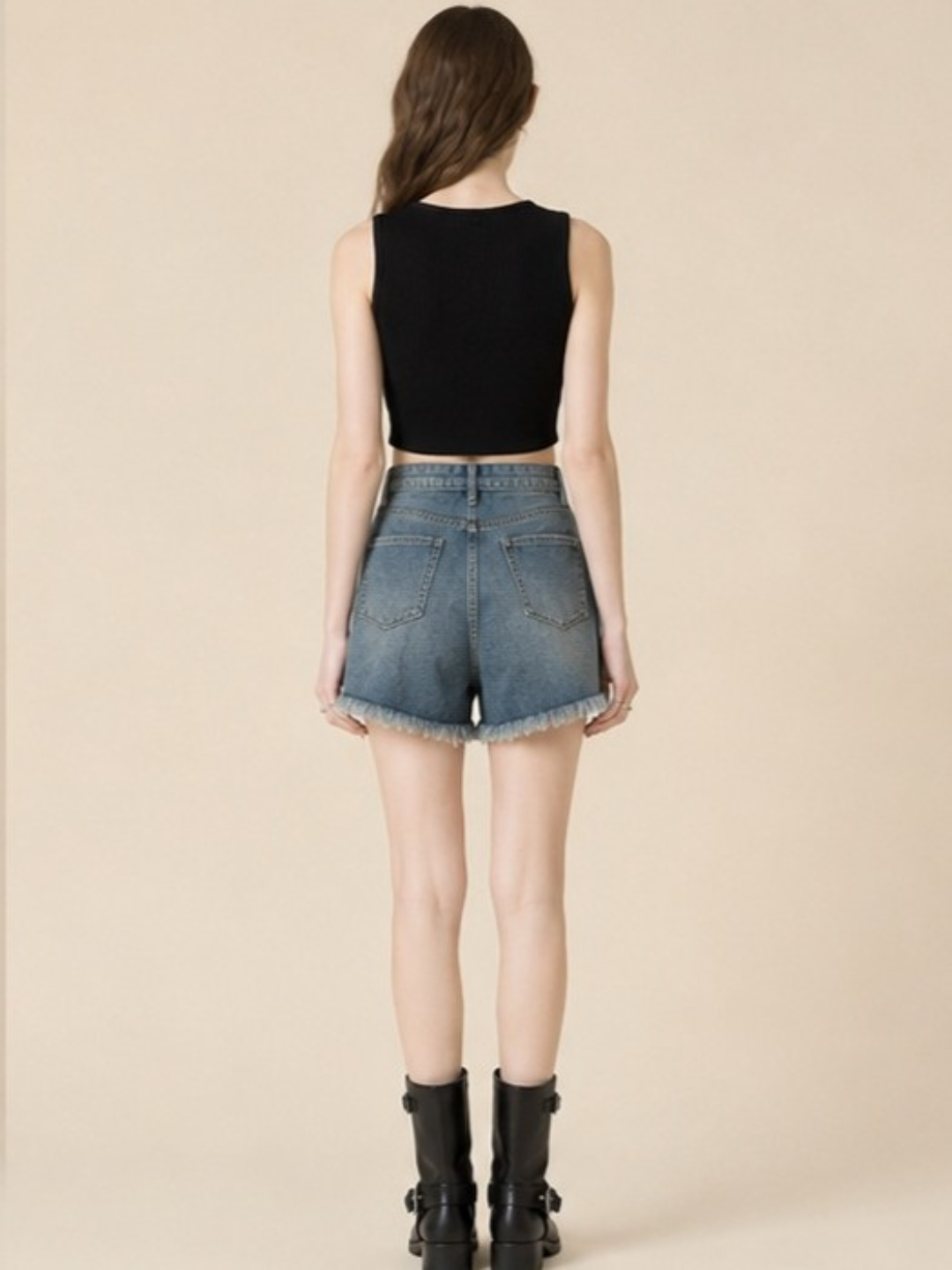 Blue Plain Denim High-Rise Shorts