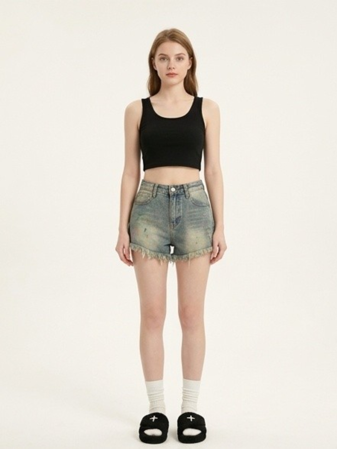 Blue Printed Denim High-Rise Casual Shorts
