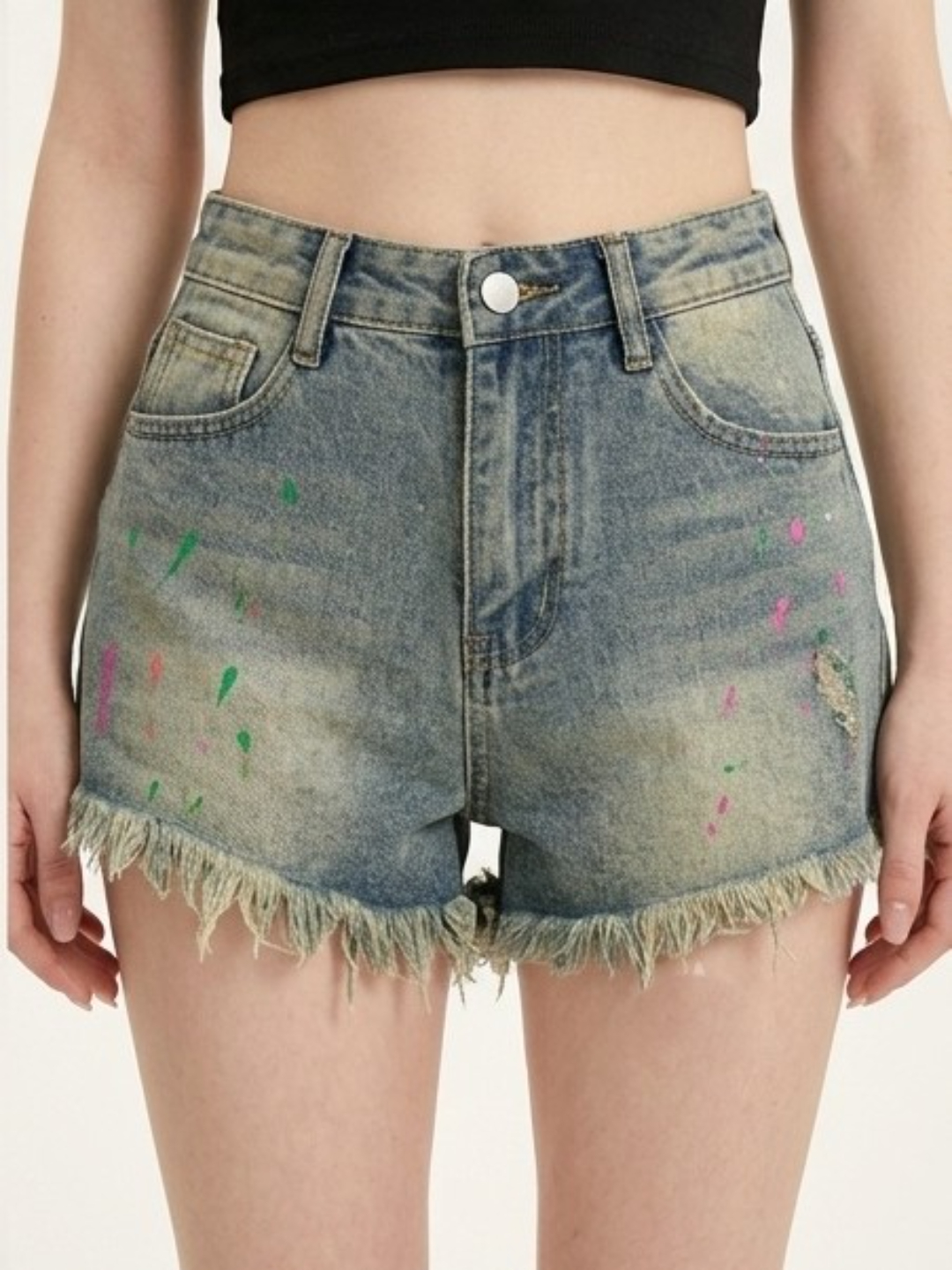 Blue Printed Denim High-Rise Casual Shorts