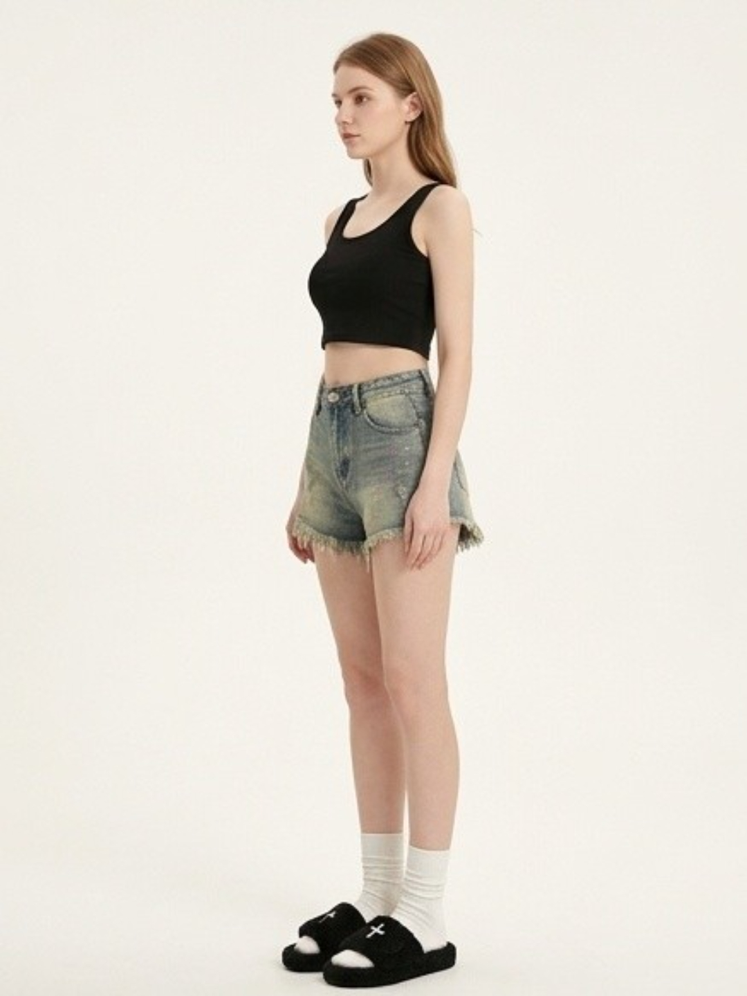 Blue Printed Denim High-Rise Casual Shorts