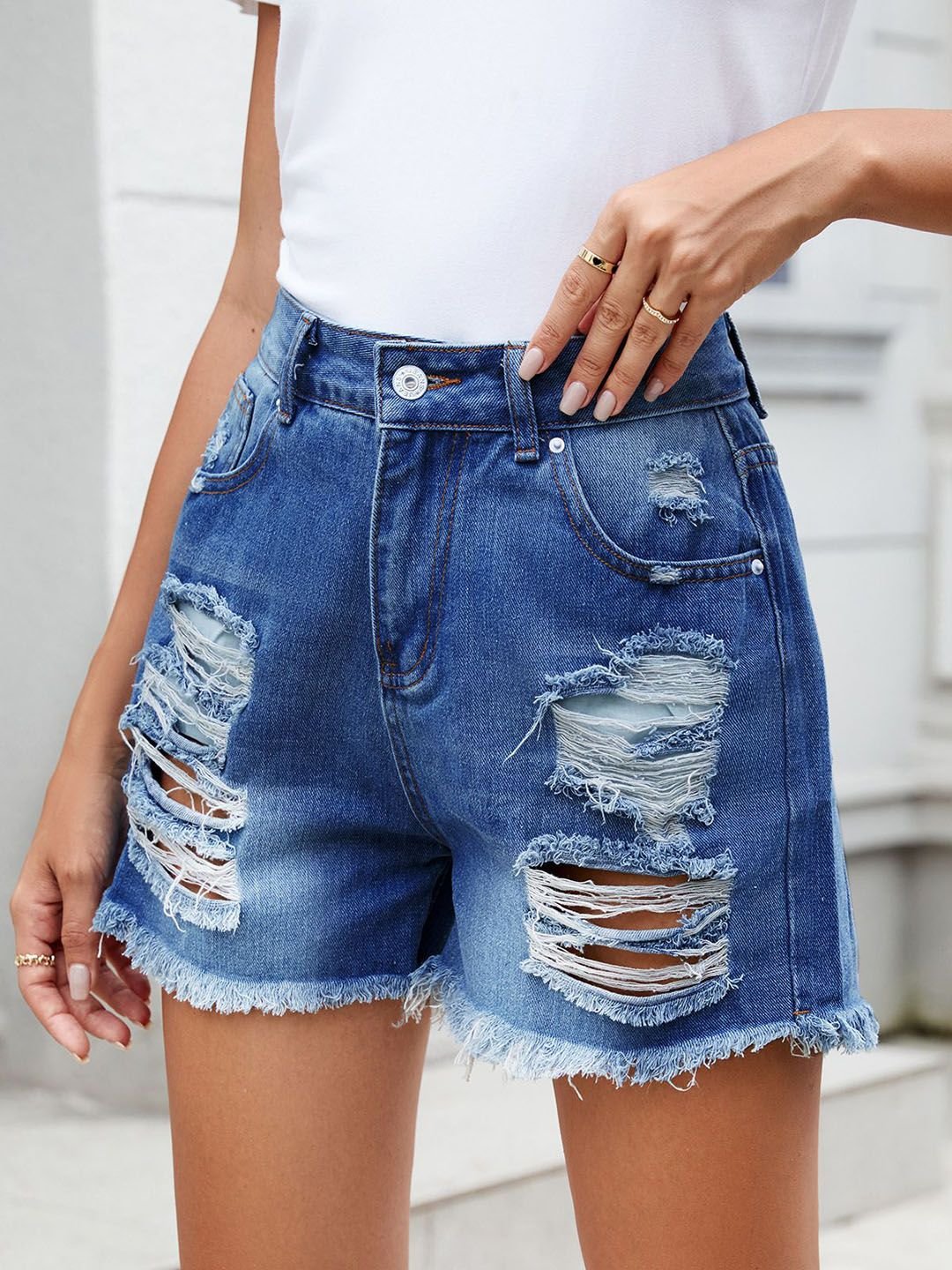 Blue Distressed Denim Shorts