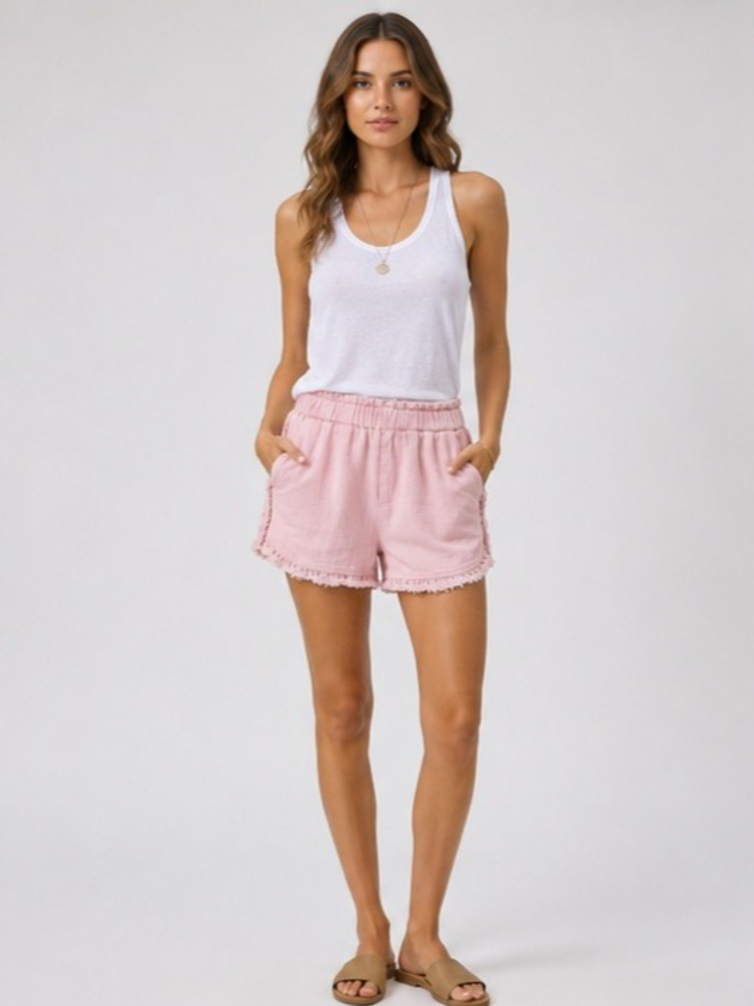 Pink Solid Denim Shorts with Frayed Hem