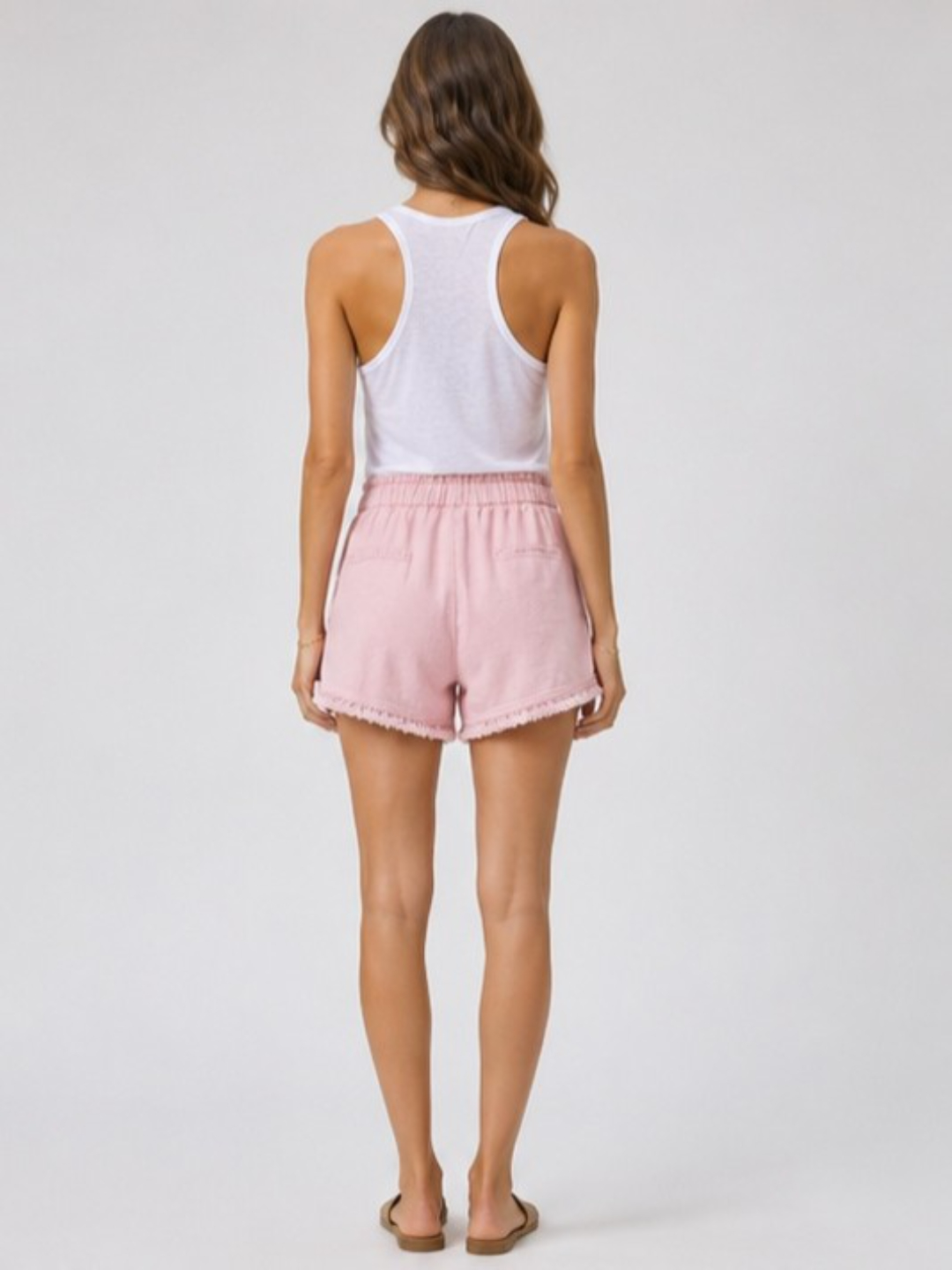 Pink Solid Denim Shorts with Frayed Hem
