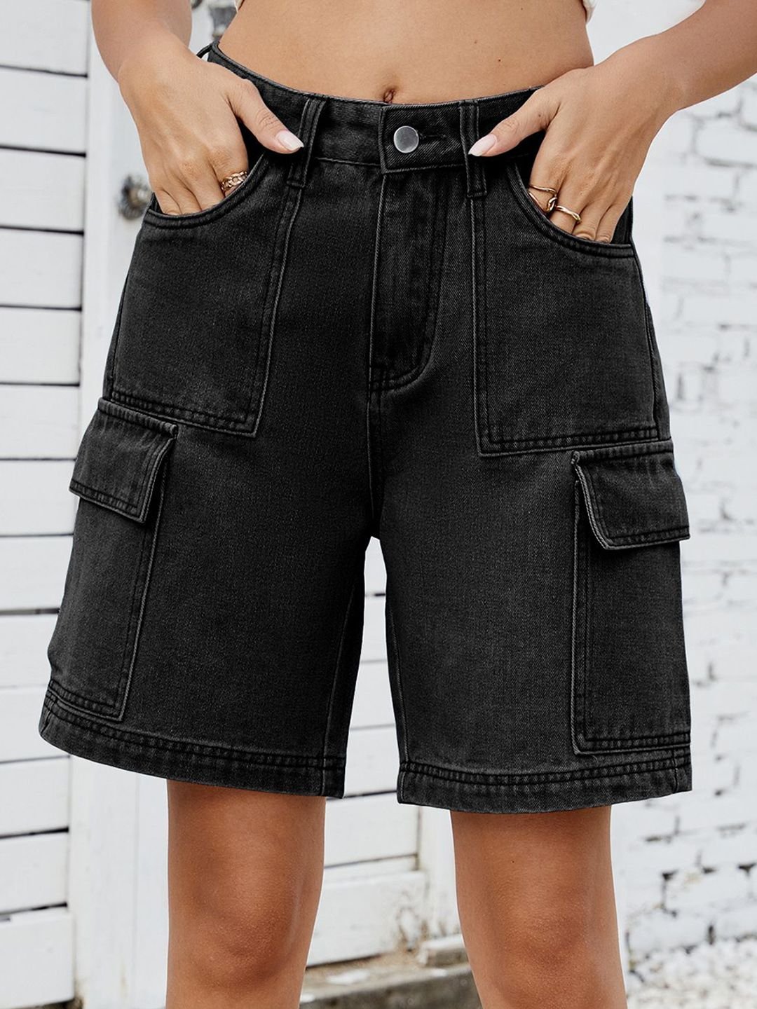 Black Plain Denim Cargo Shorts