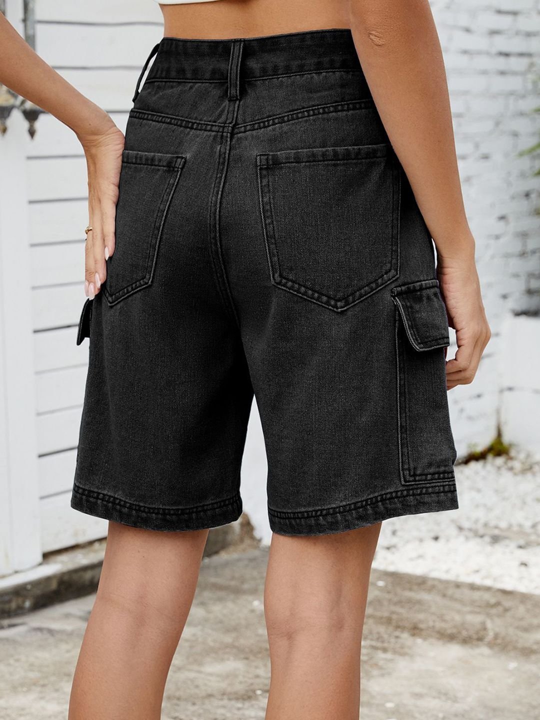 Black Plain Denim Cargo Shorts