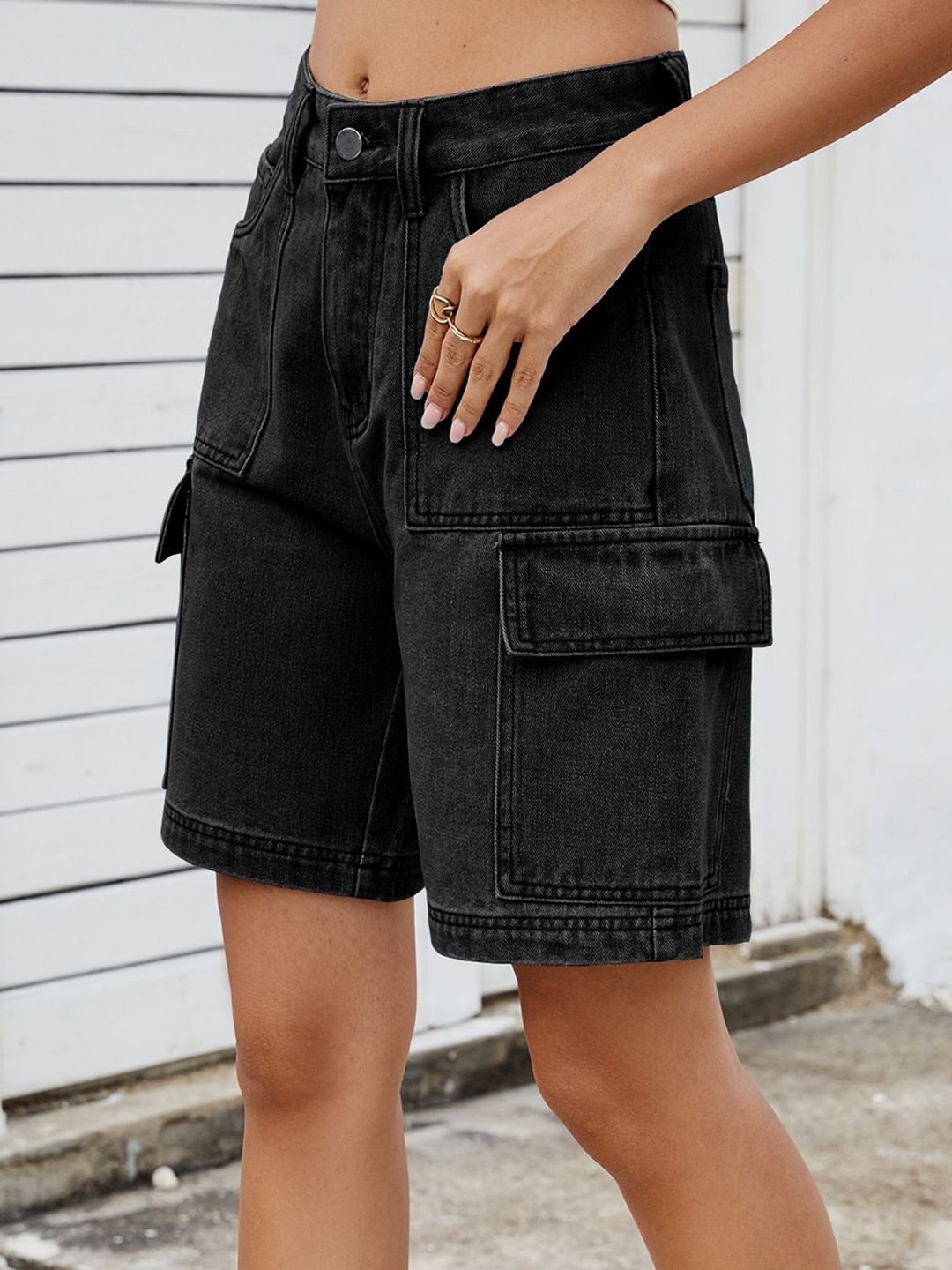 Black Plain Denim Cargo Shorts