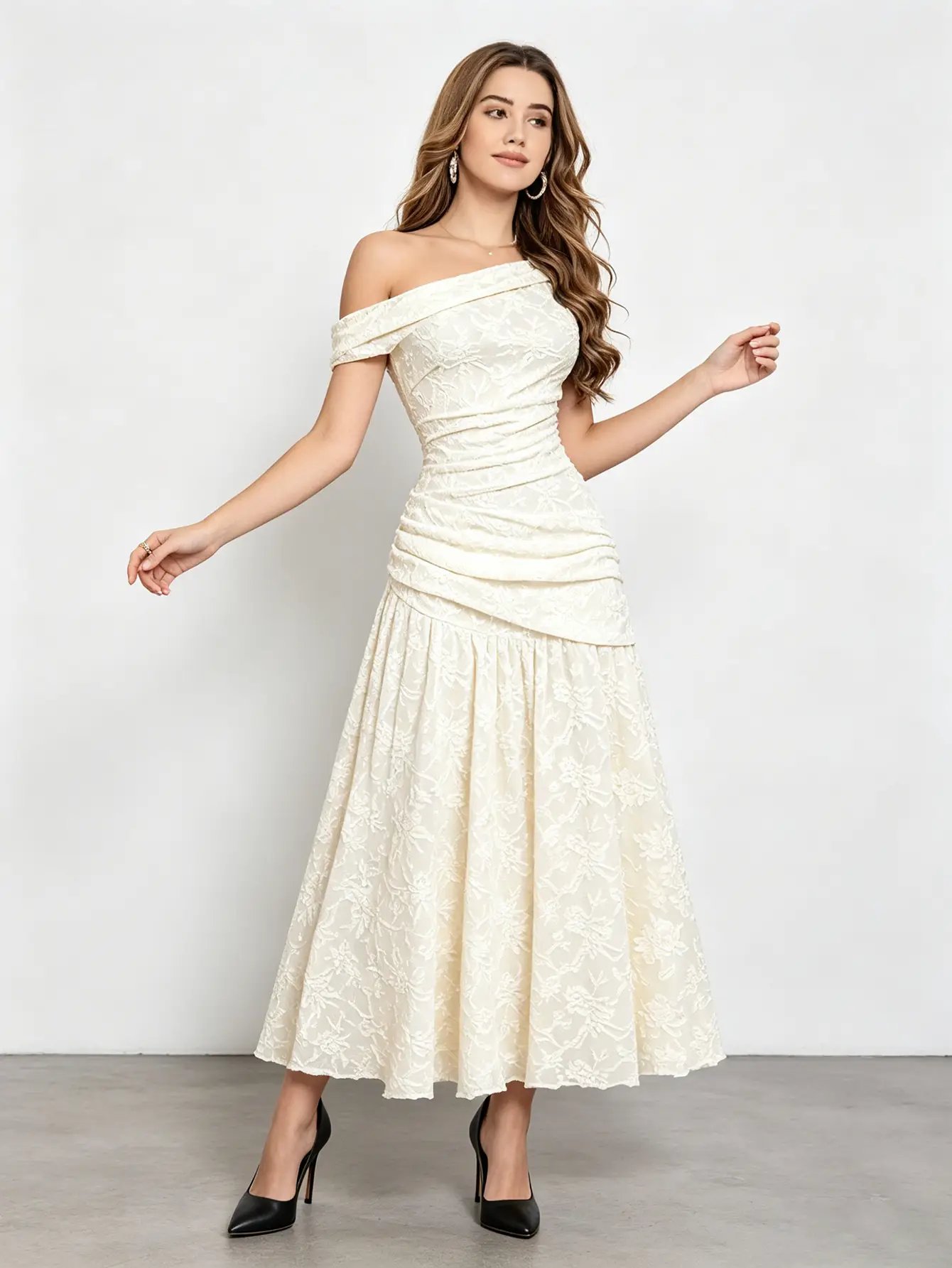 Cream Off-Shoulder Lace Ruched Waist Maxi Dress 