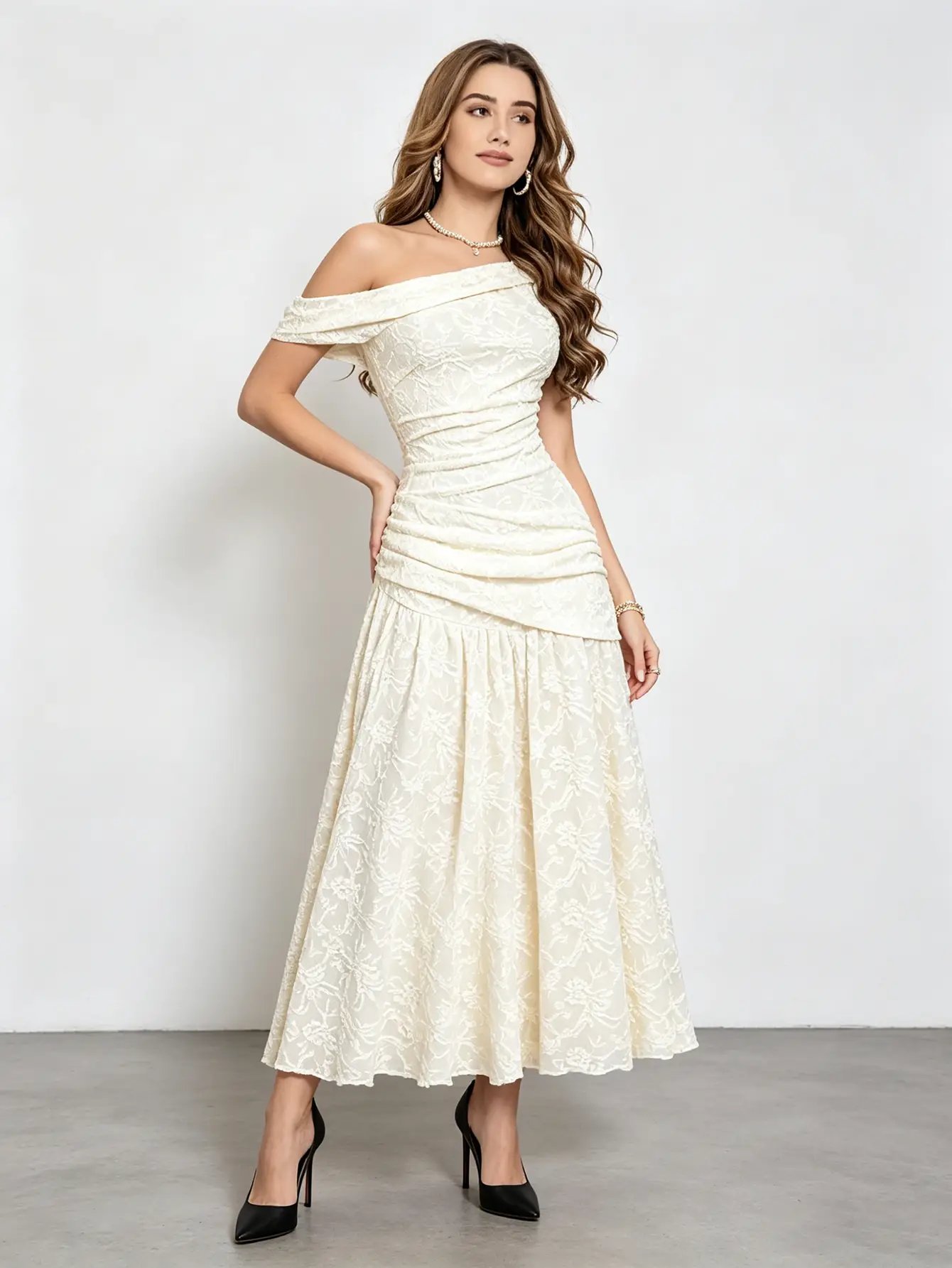 Cream Off-Shoulder Lace Ruched Waist Maxi Dress 