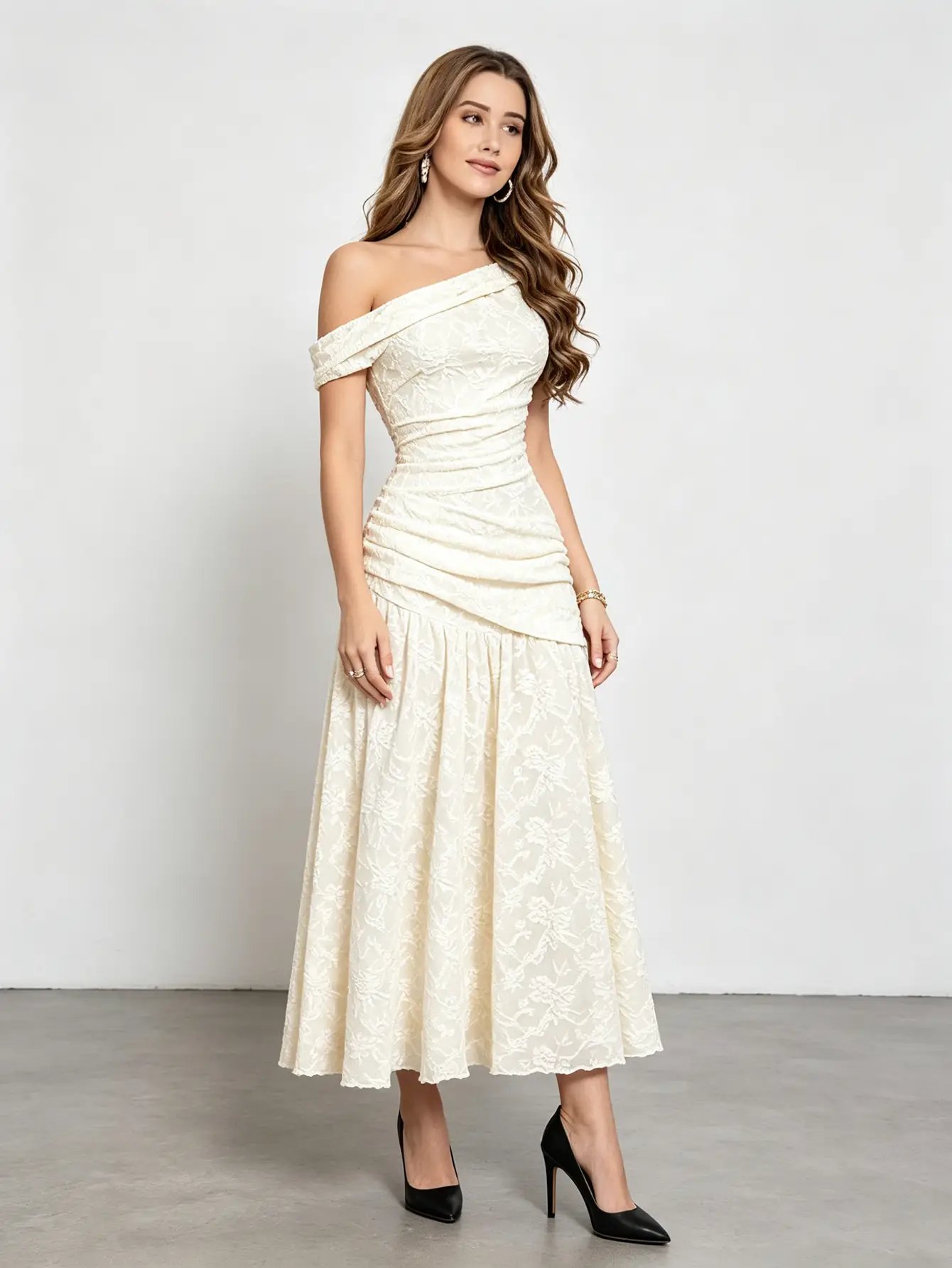 Cream Off-Shoulder Lace Ruched Waist Maxi Dress 