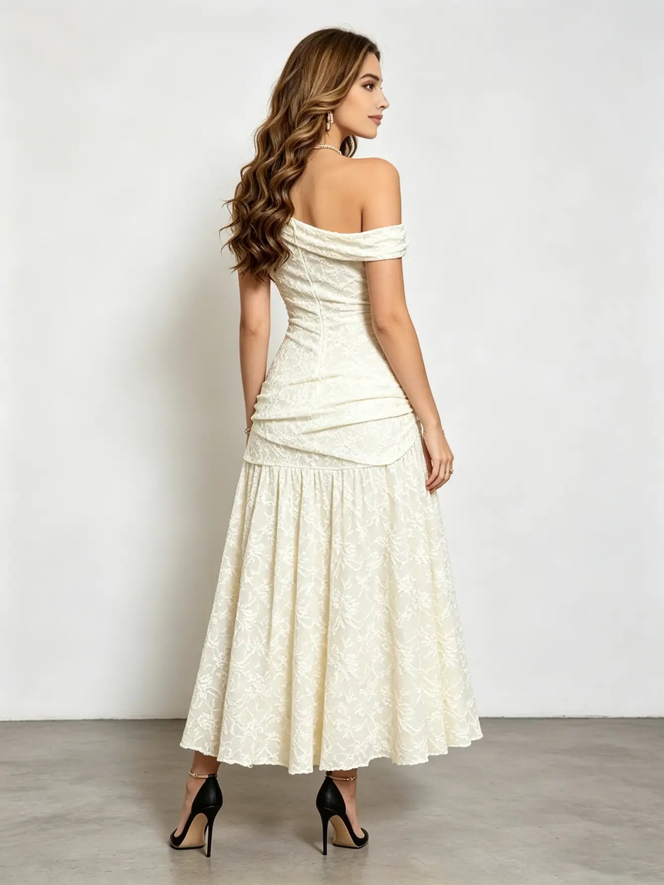 Cream Off-Shoulder Lace Ruched Waist Maxi Dress 