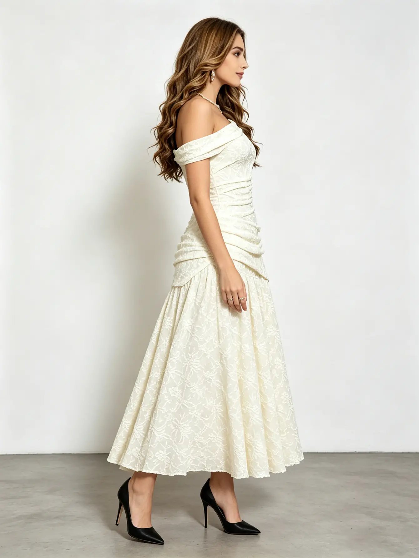 Cream Off-Shoulder Lace Ruched Waist Maxi Dress 