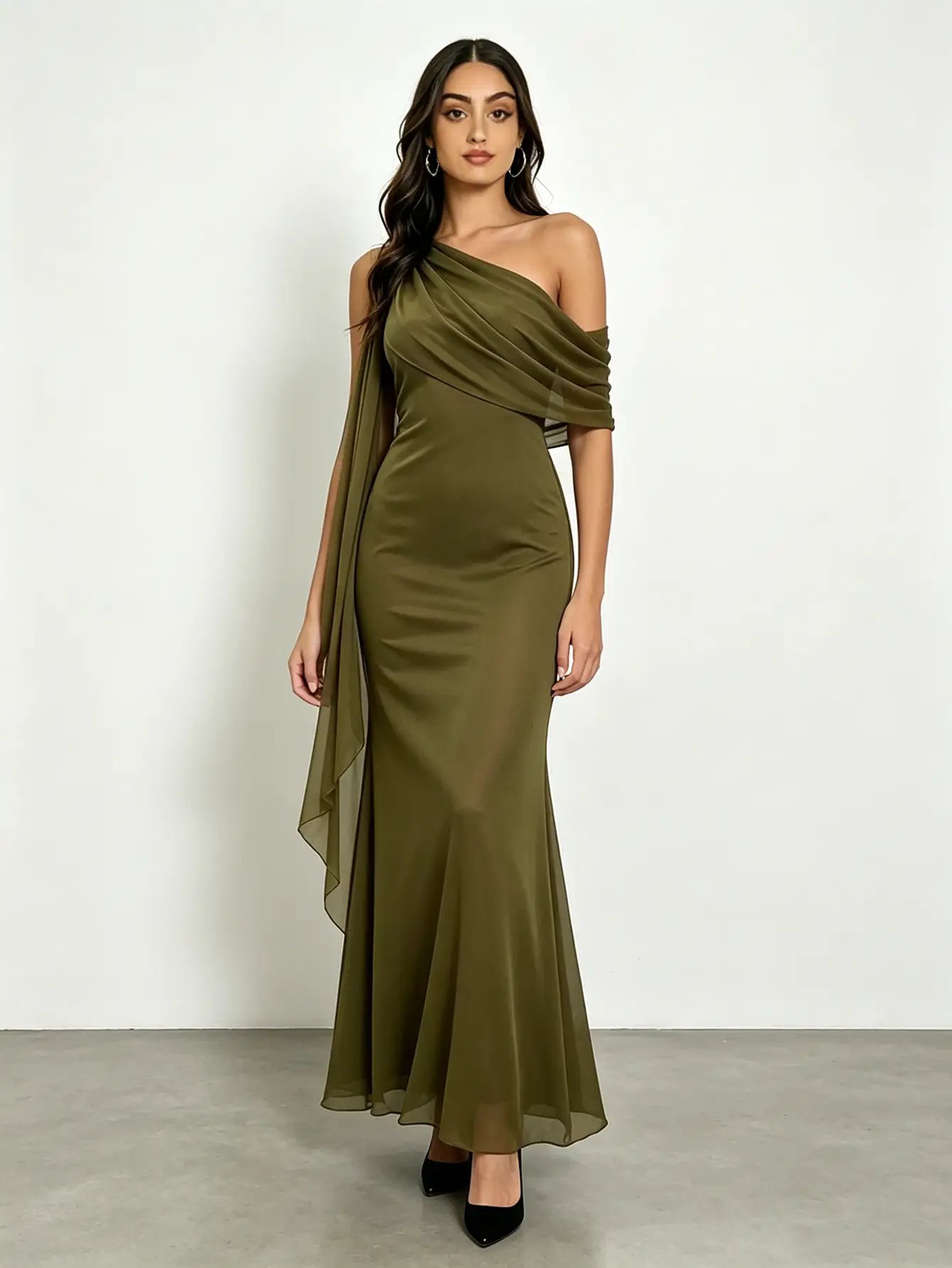 Green One-Shoulder Maxi Dress with Draped Detail