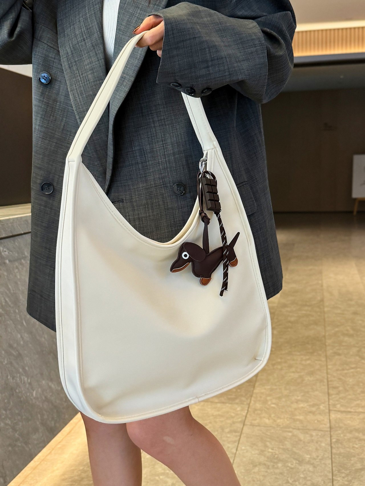 Off-White Shoulder Bag with Dachshund Charm
