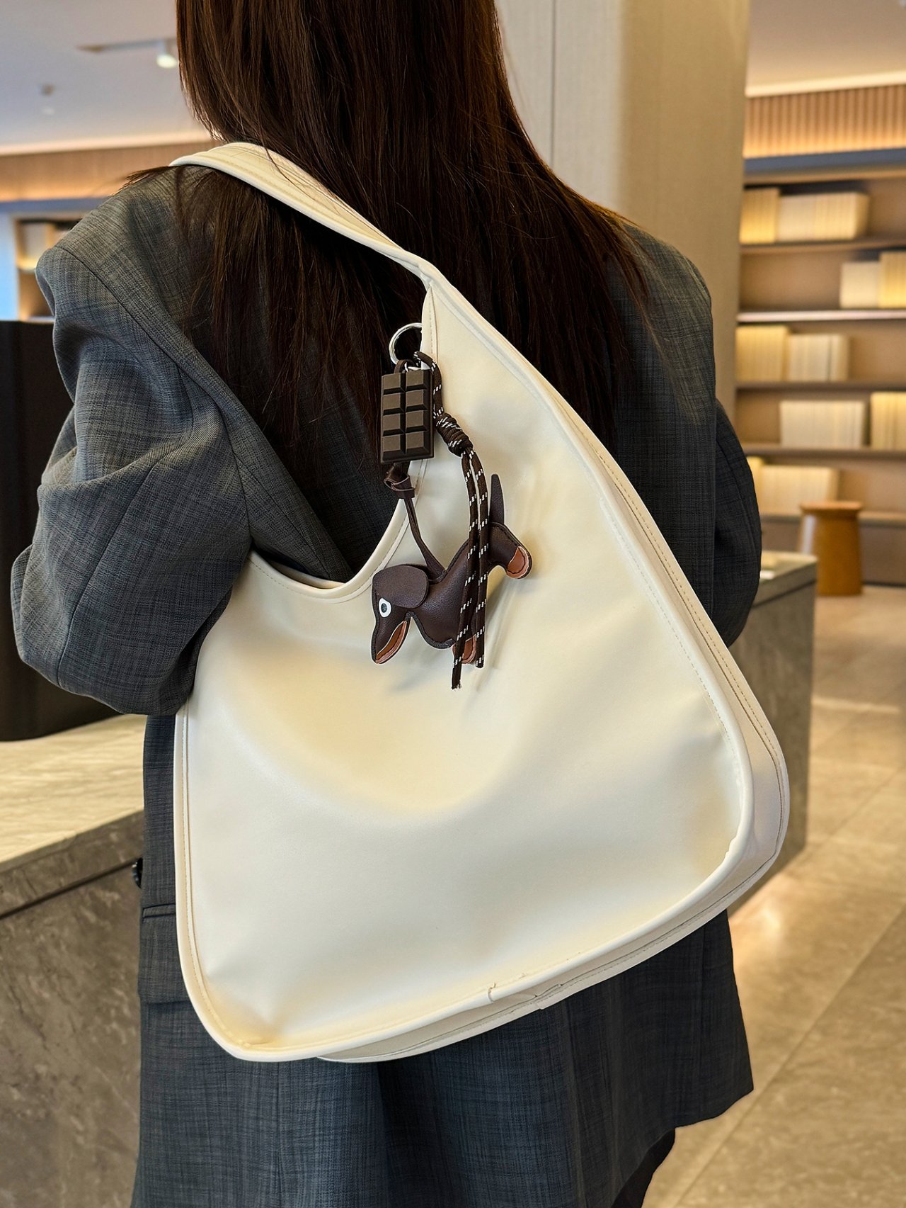 Off-White Shoulder Bag with Dachshund Charm