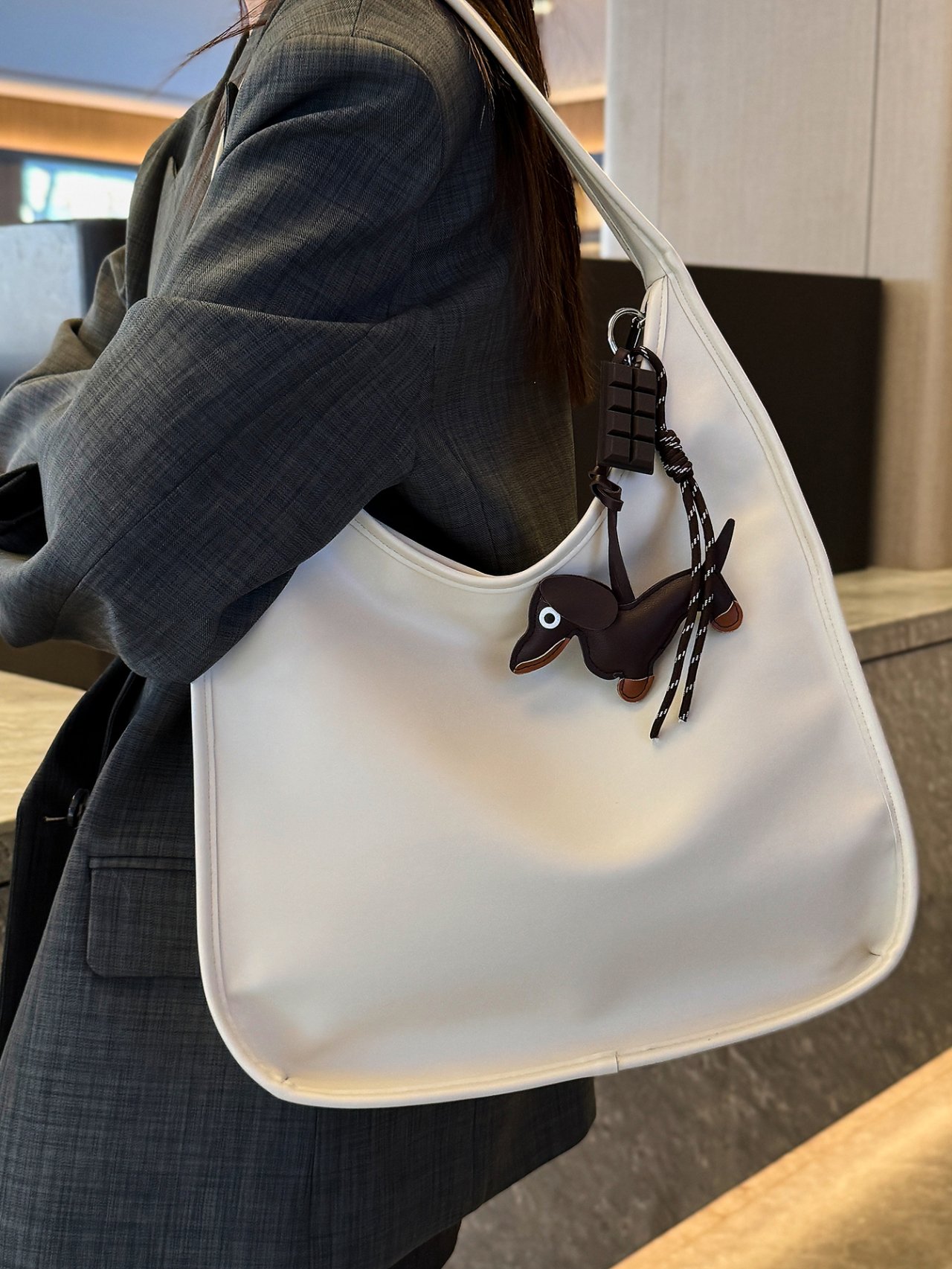 Off-White Shoulder Bag with Dachshund Charm