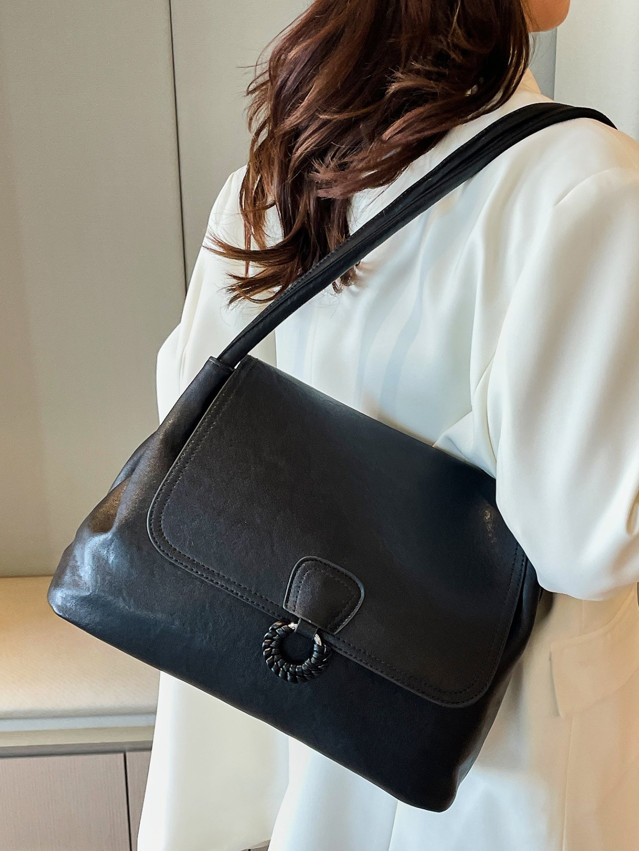 Black Shoulder Bag with Ring Detail