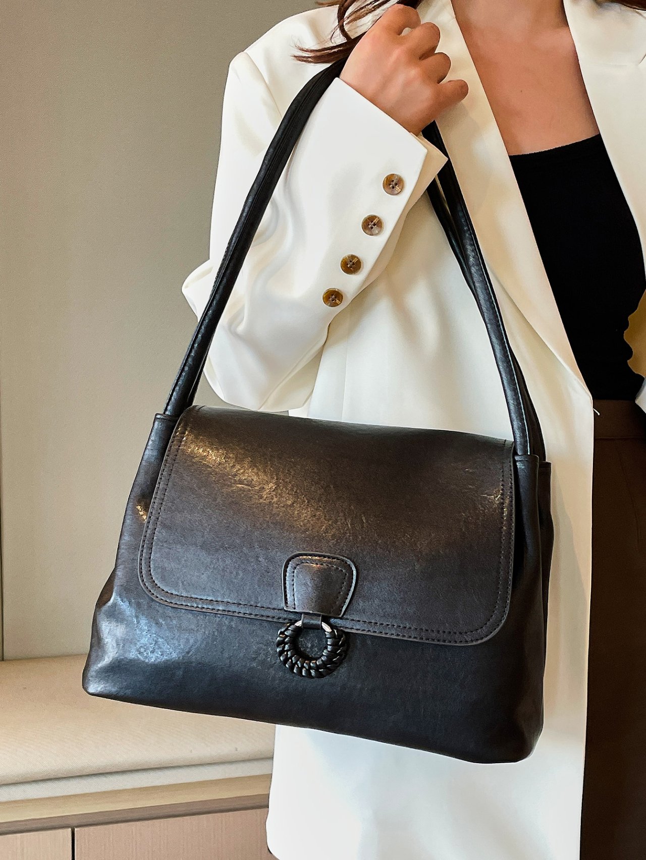 Black Shoulder Bag with Ring Detail