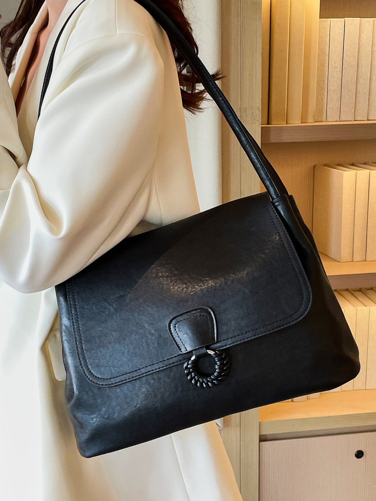 Black Shoulder Bag with Ring Detail